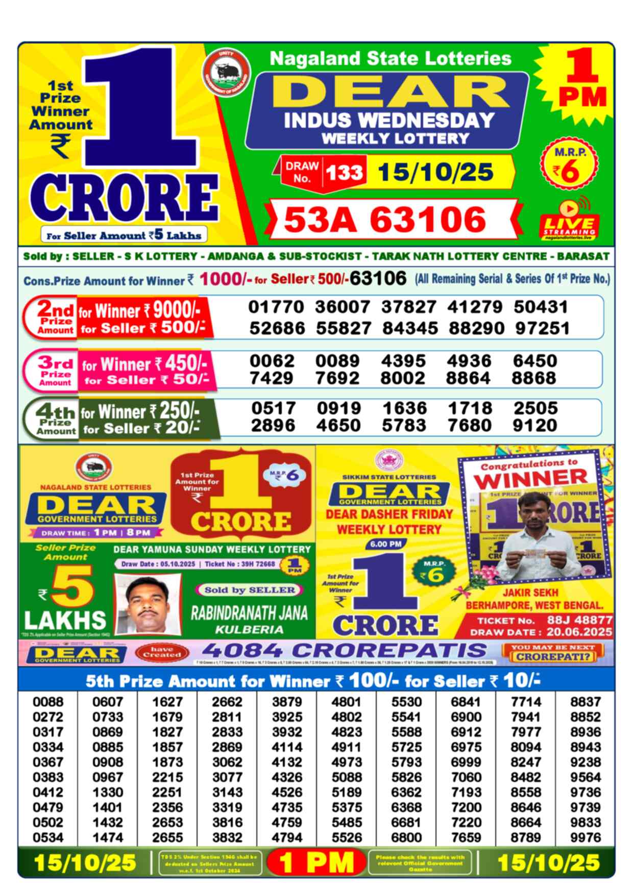 Nagaland Lottery 1 PM 15.10.2025