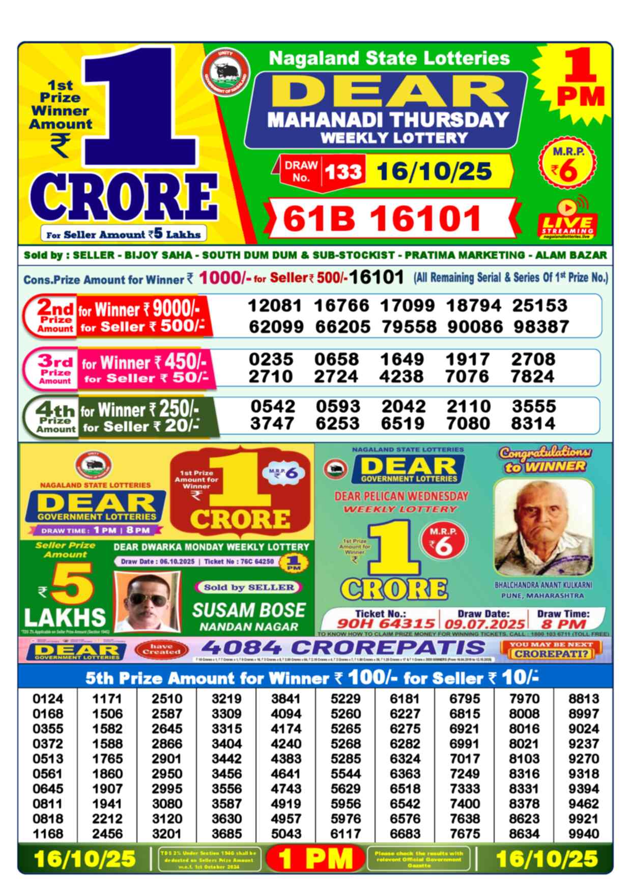 Nagaland Lottery 1 PM 16.10.2025