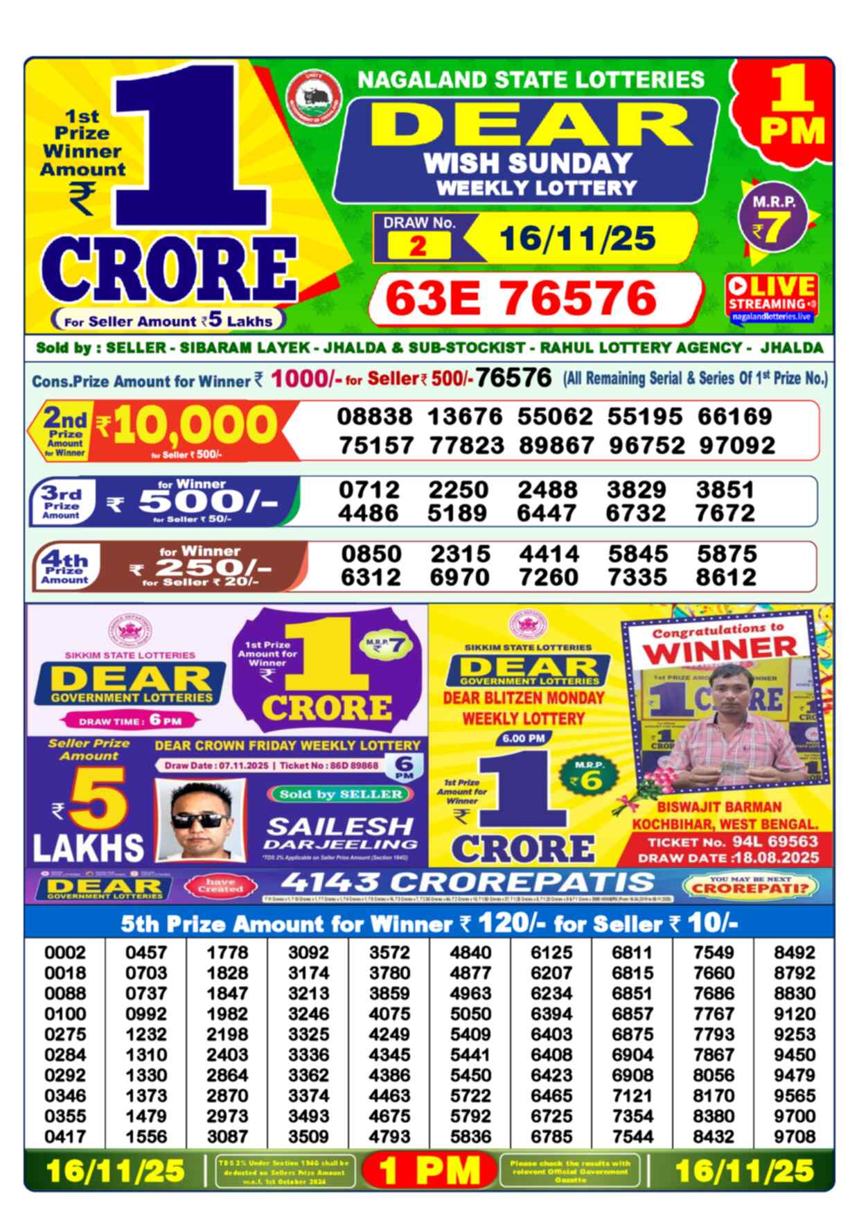 Nagaland Lottery 1 PM 16.11.2025