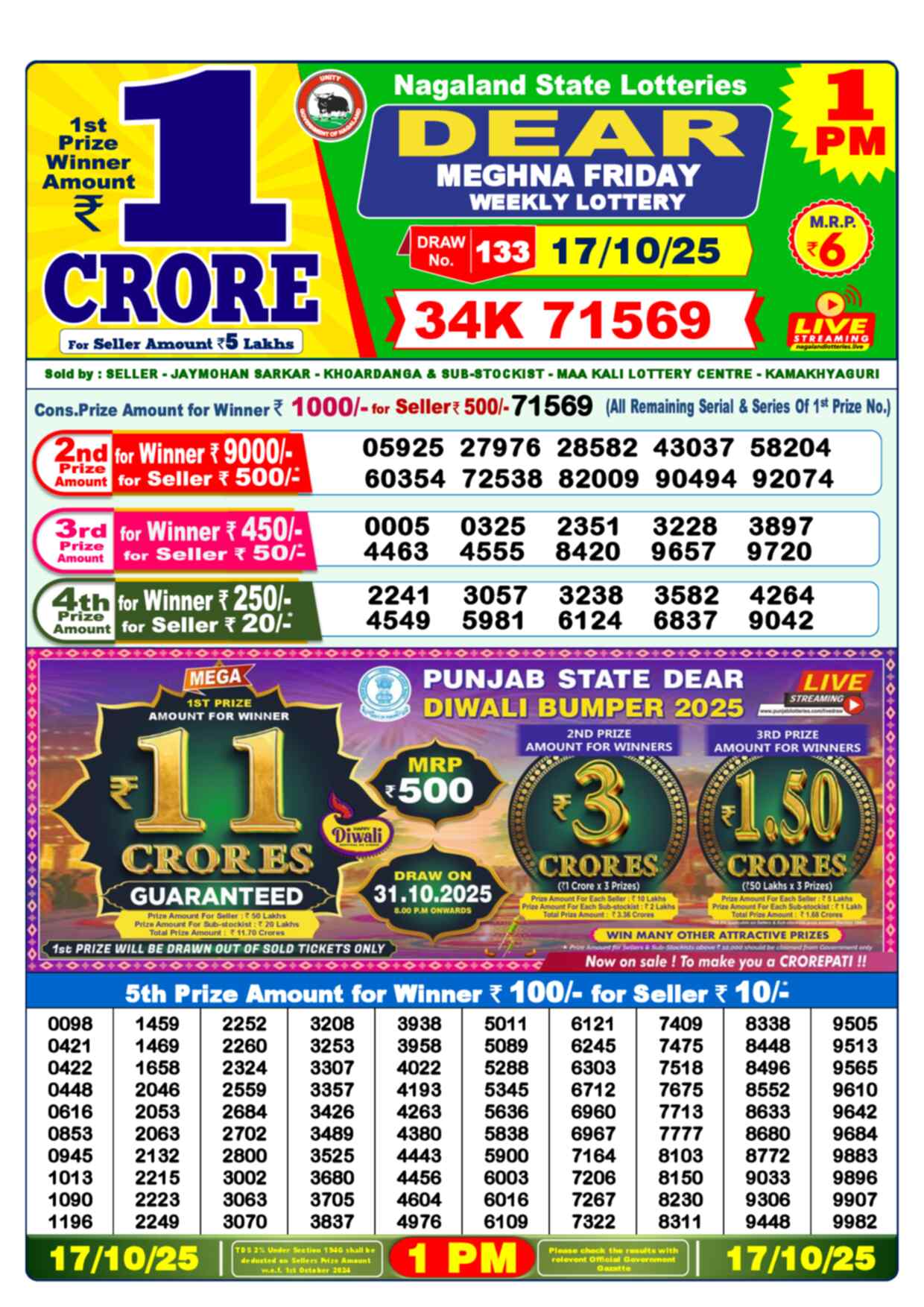 Nagaland Lottery 1 PM 17.10.2025