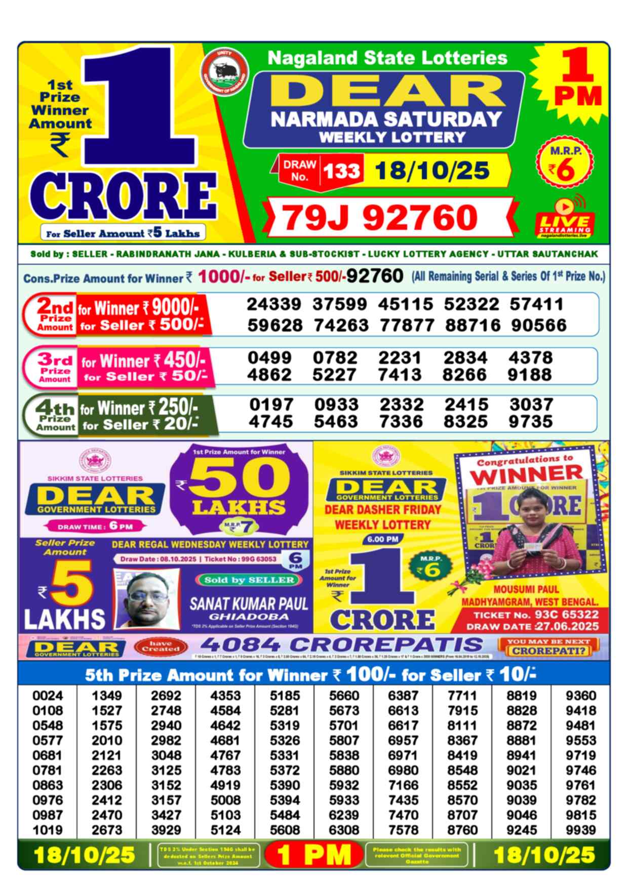 Nagaland Lottery 1 PM 18.10.2025