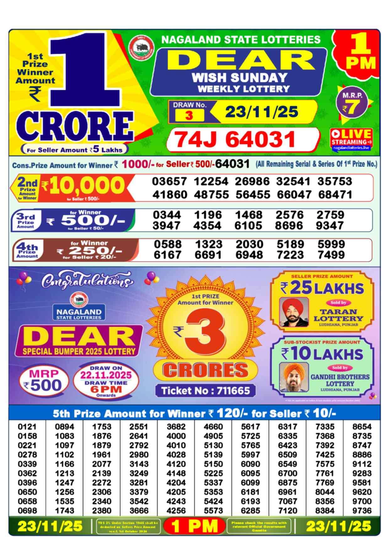 Nagaland Lottery 1 PM 23.11.2025
