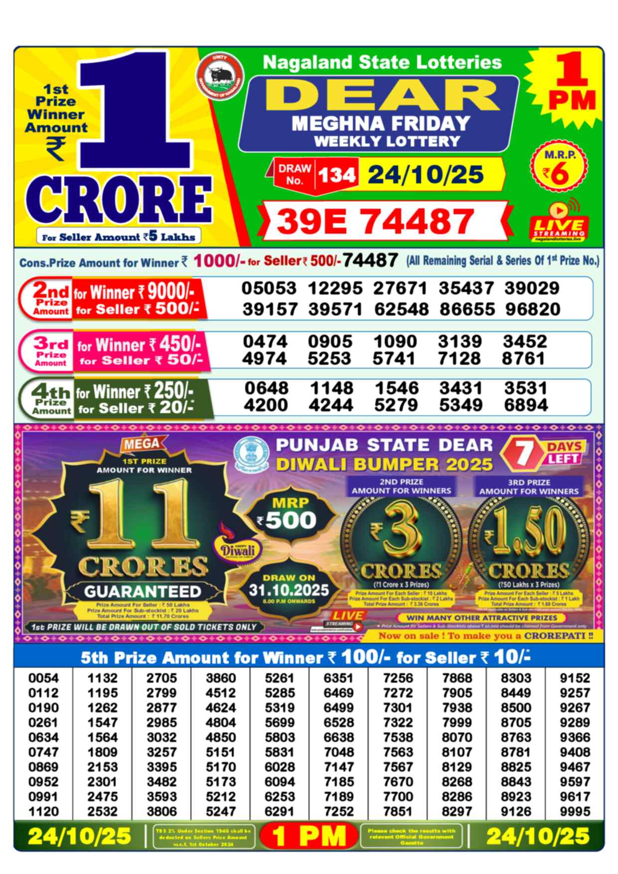 Nagaland Lottery 1 PM 24.10.2025