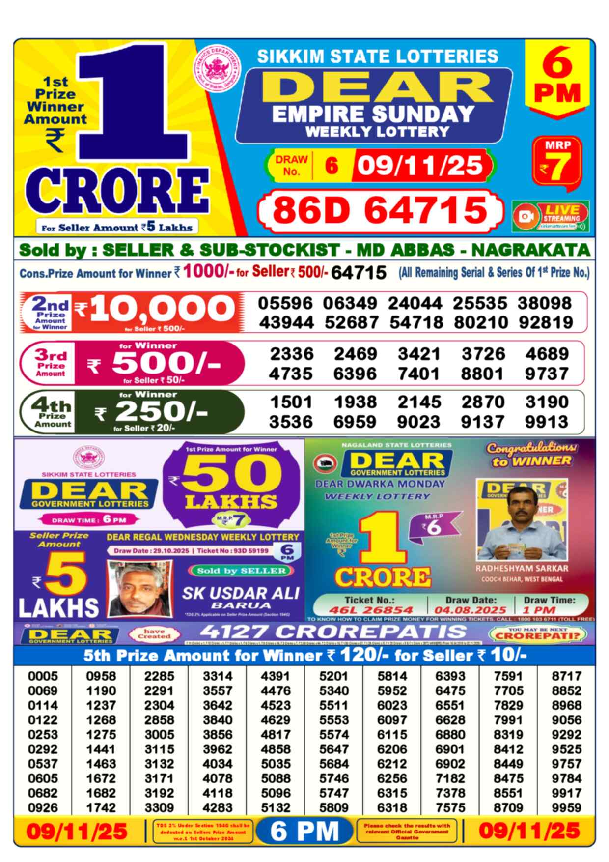 Nagaland Lottery Result 6 PM 09.11.2025