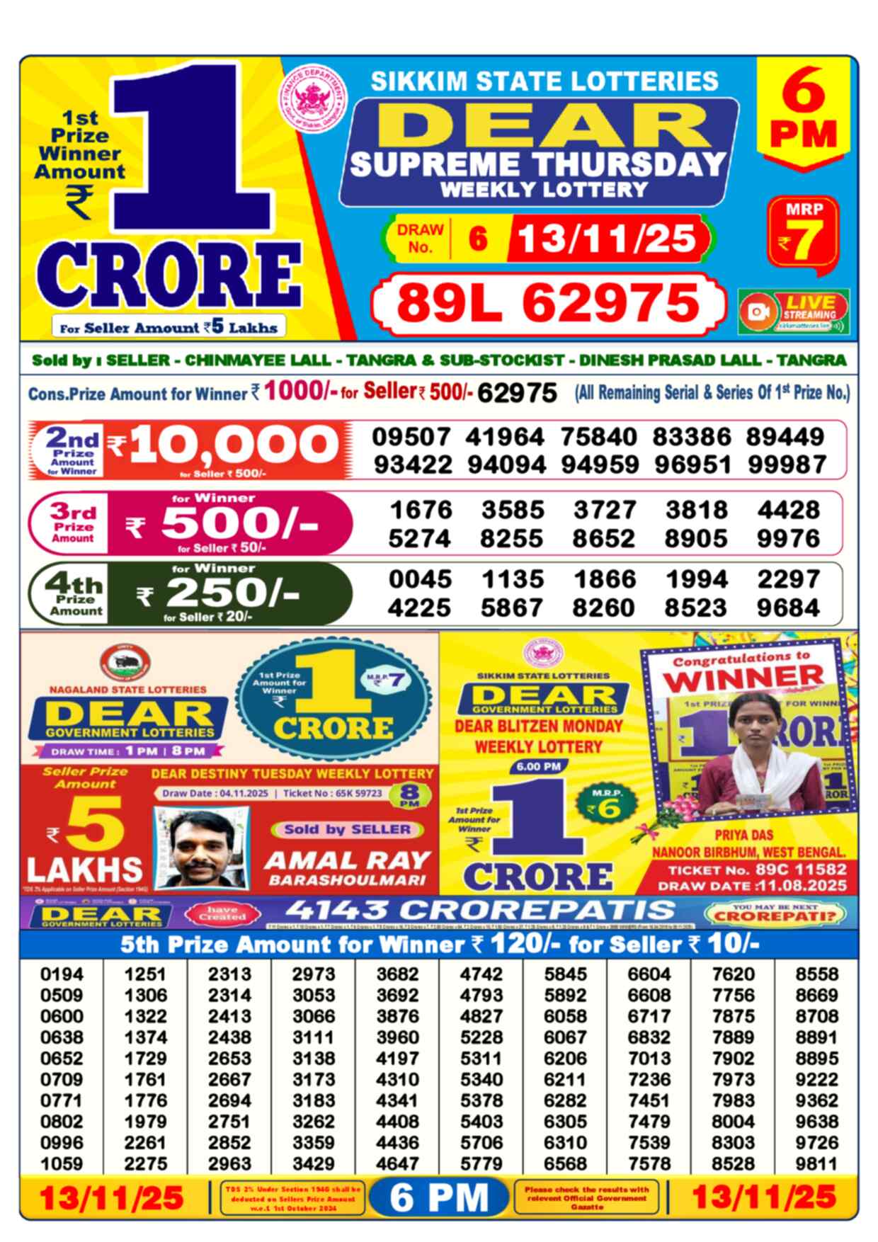 Nagaland Lottery Result 6 PM 13.11.2025