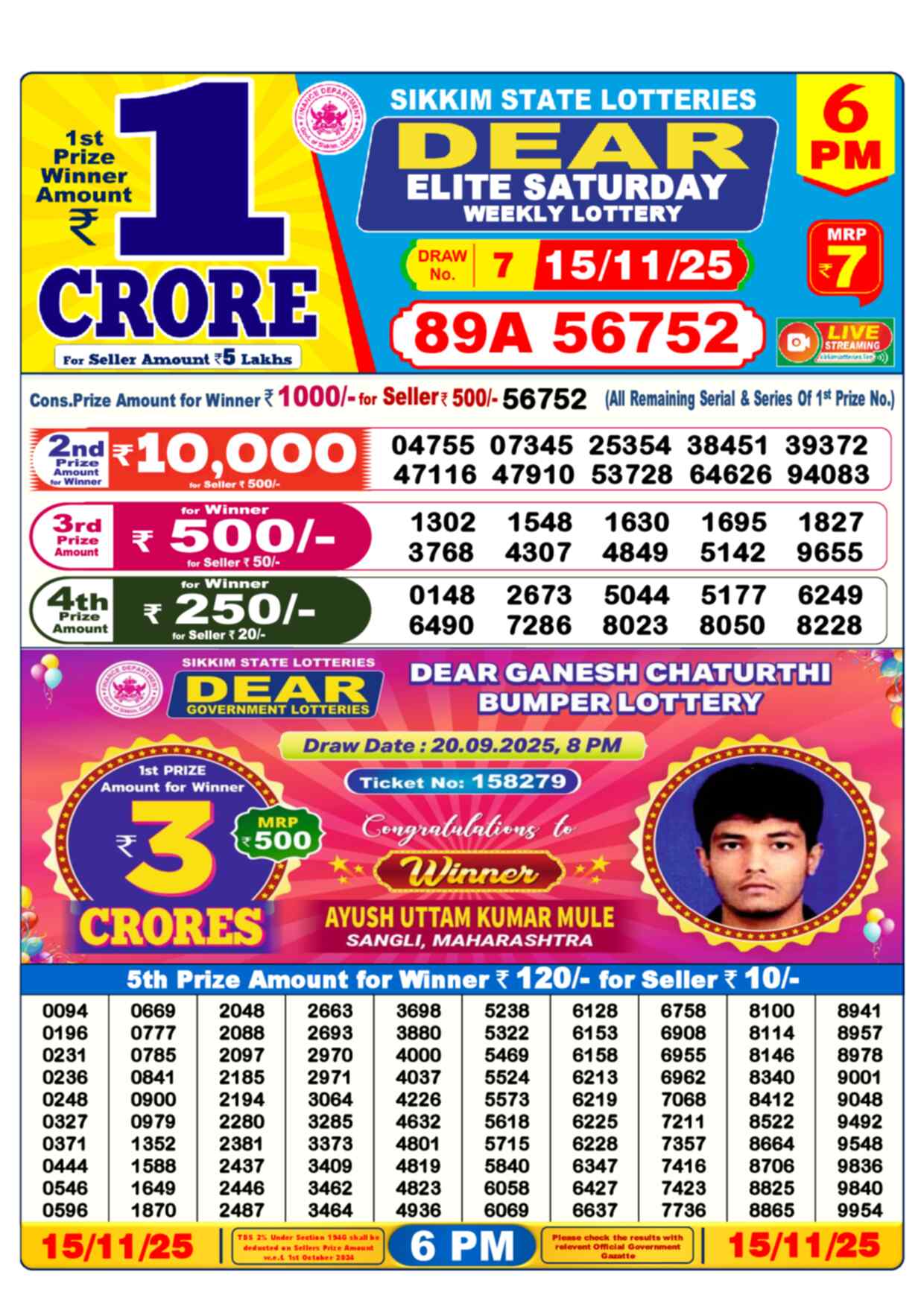 Nagaland Lottery Result 6 PM 15.11.2025