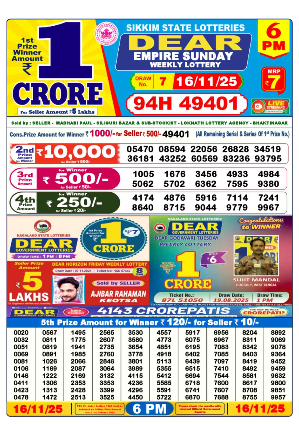 Nagaland Lottery Result 6 PM 16.11.2025