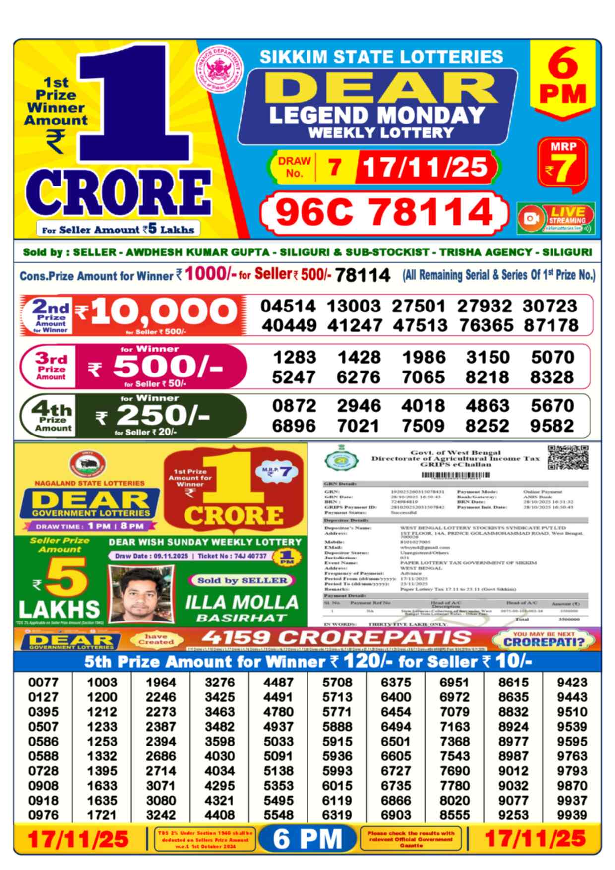 Nagaland Lottery Result 6 PM 17.11.2025