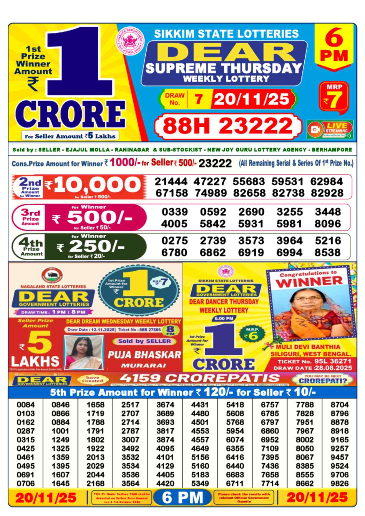Nagaland Lottery Result 6 PM 20.11.2025