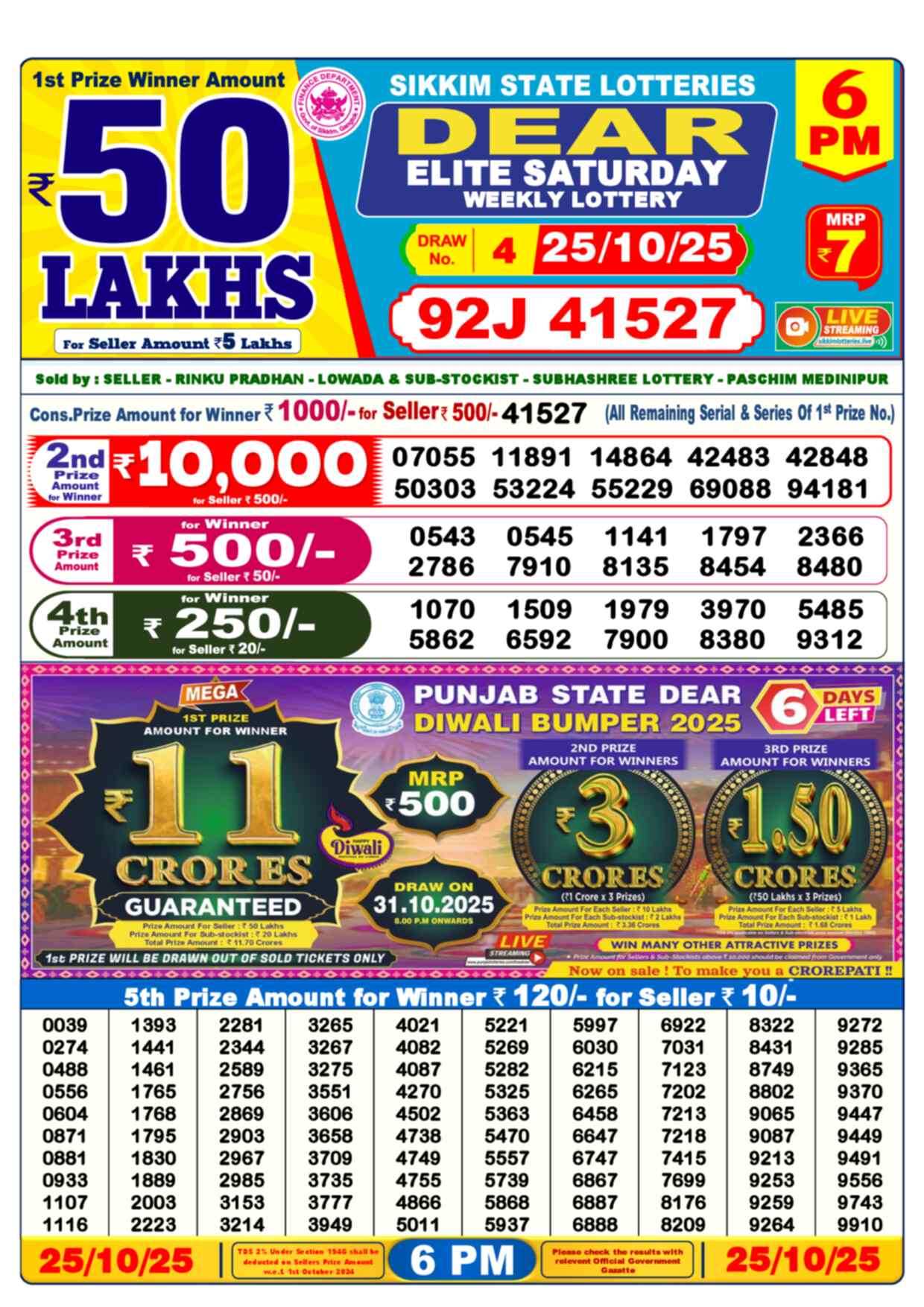 Nagaland Lottery Result 6 PM 25.10.2025
