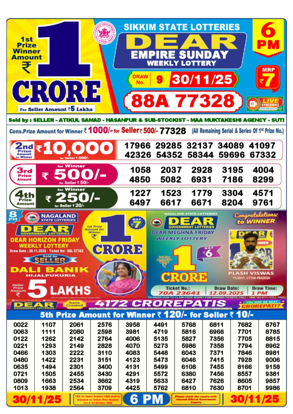 Nagaland Lottery Result 6 PM 30.11.2025
