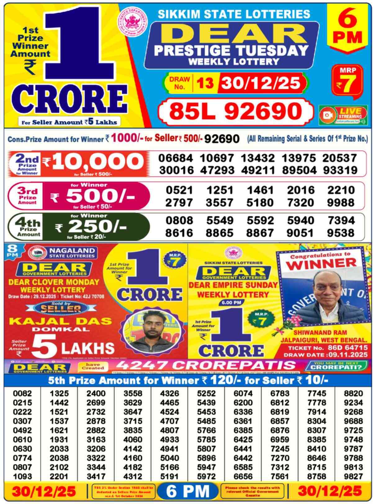 Nagaland Lottery Result 6 PM 30.12.2025