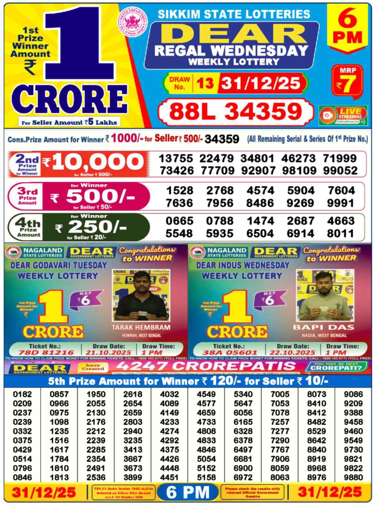 Nagaland Lottery Result 6 PM 31.12.2025