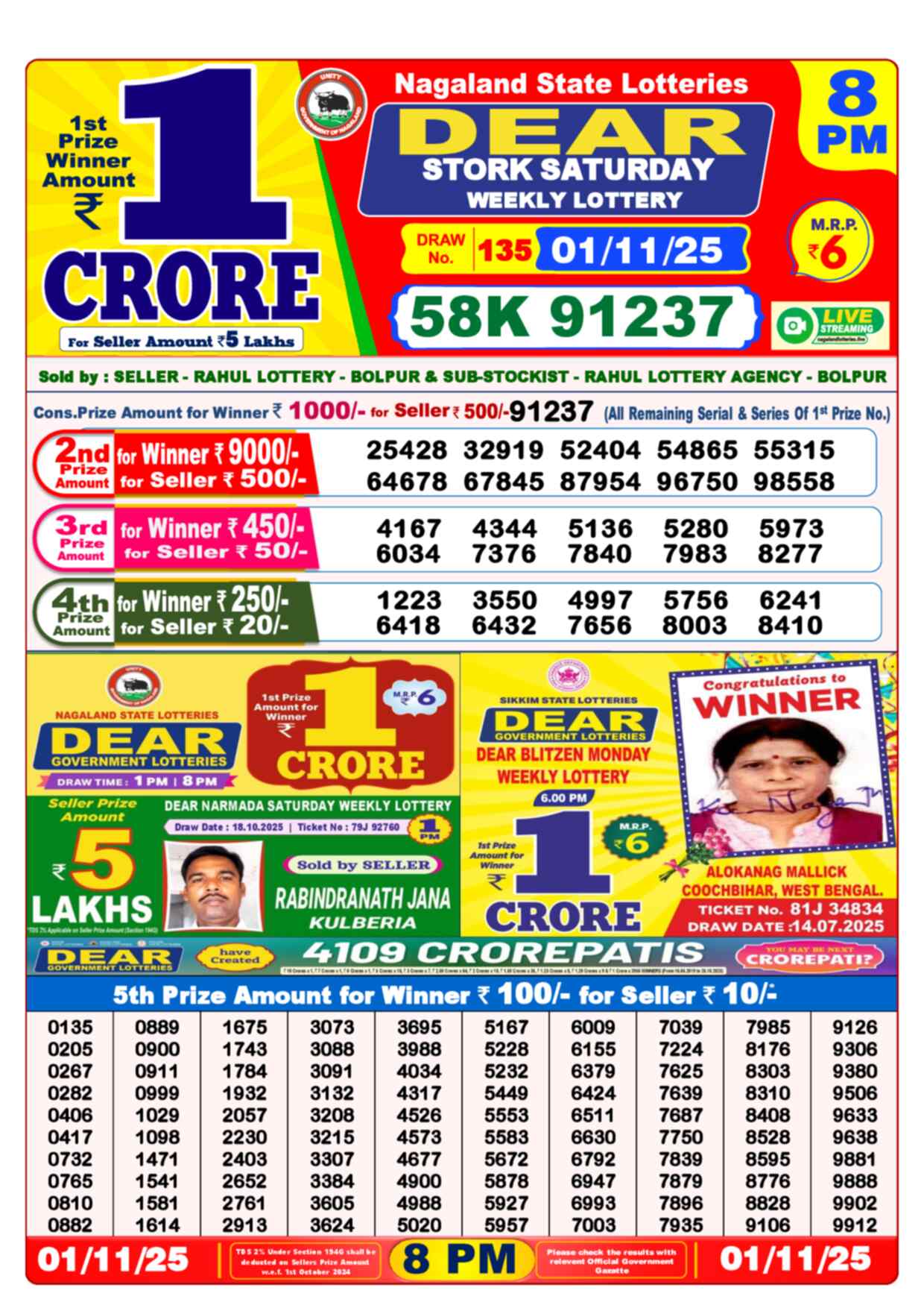 Nagaland State Lottery Result 8 PM 01.11.2025