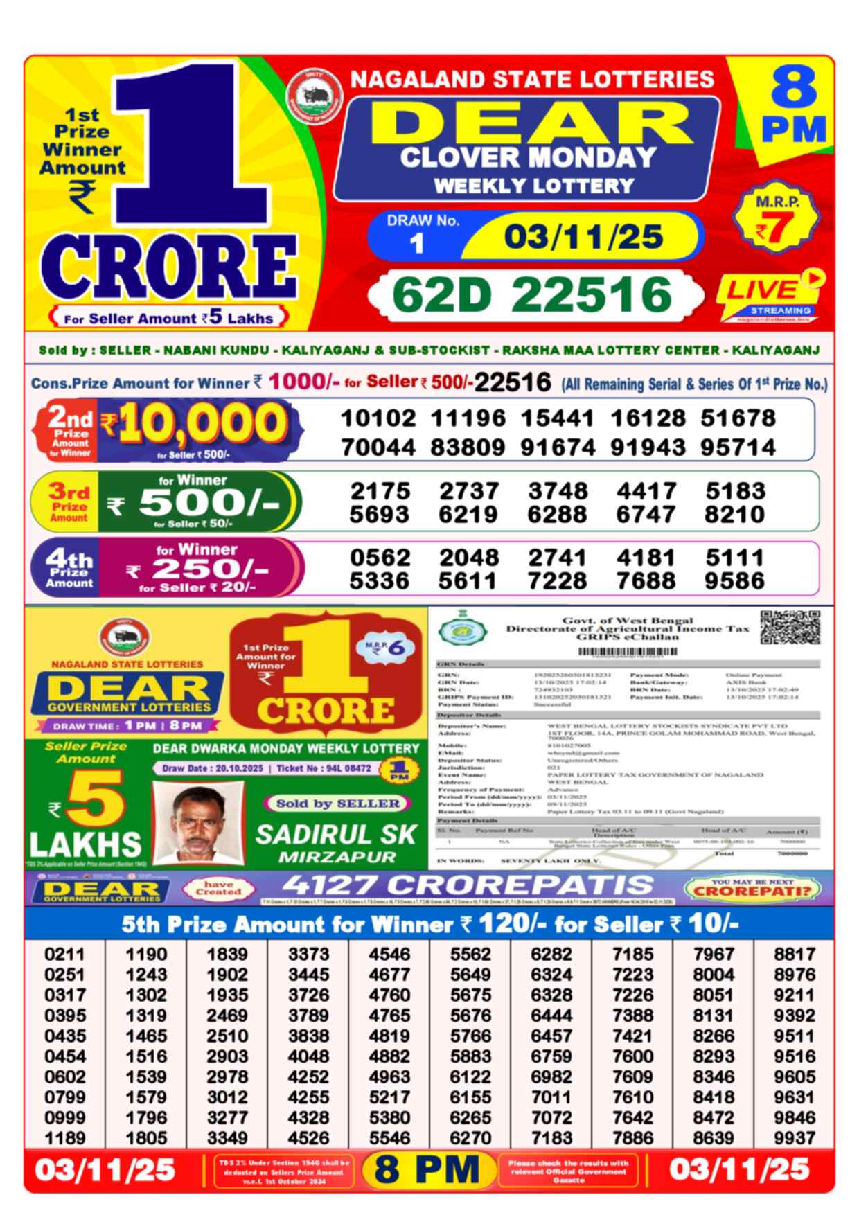 Nagaland State Lottery Result 8 PM 03.11.2025