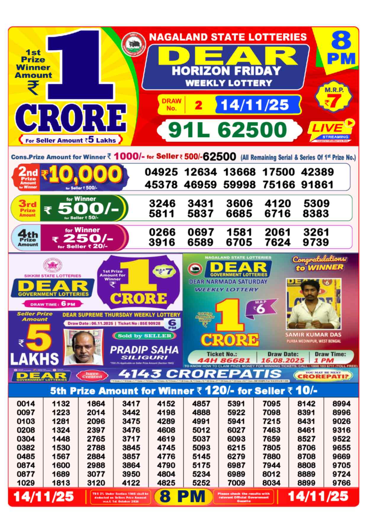 Nagaland State Lottery Result 8 PM 14.11.2025