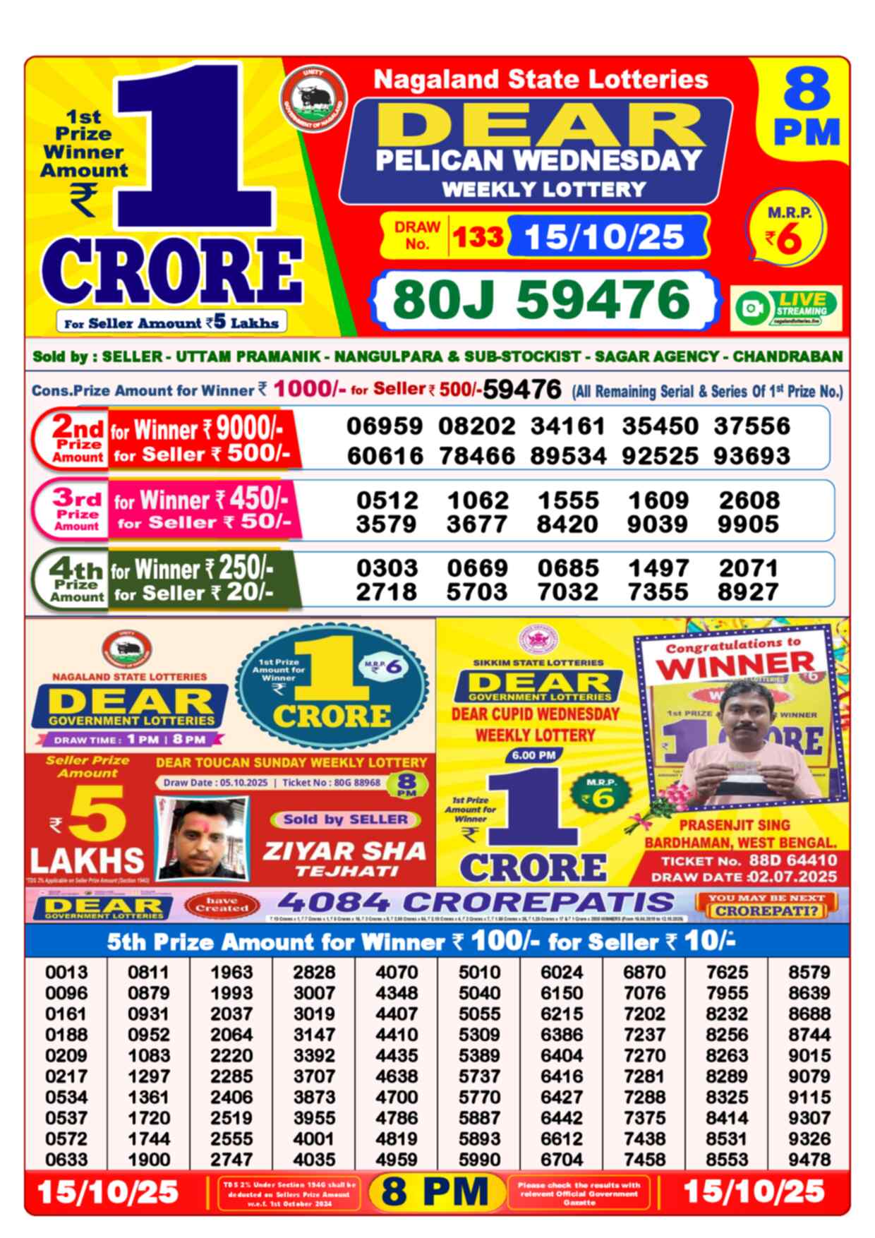 Nagaland State Lottery Result 8 PM 15.10.2025