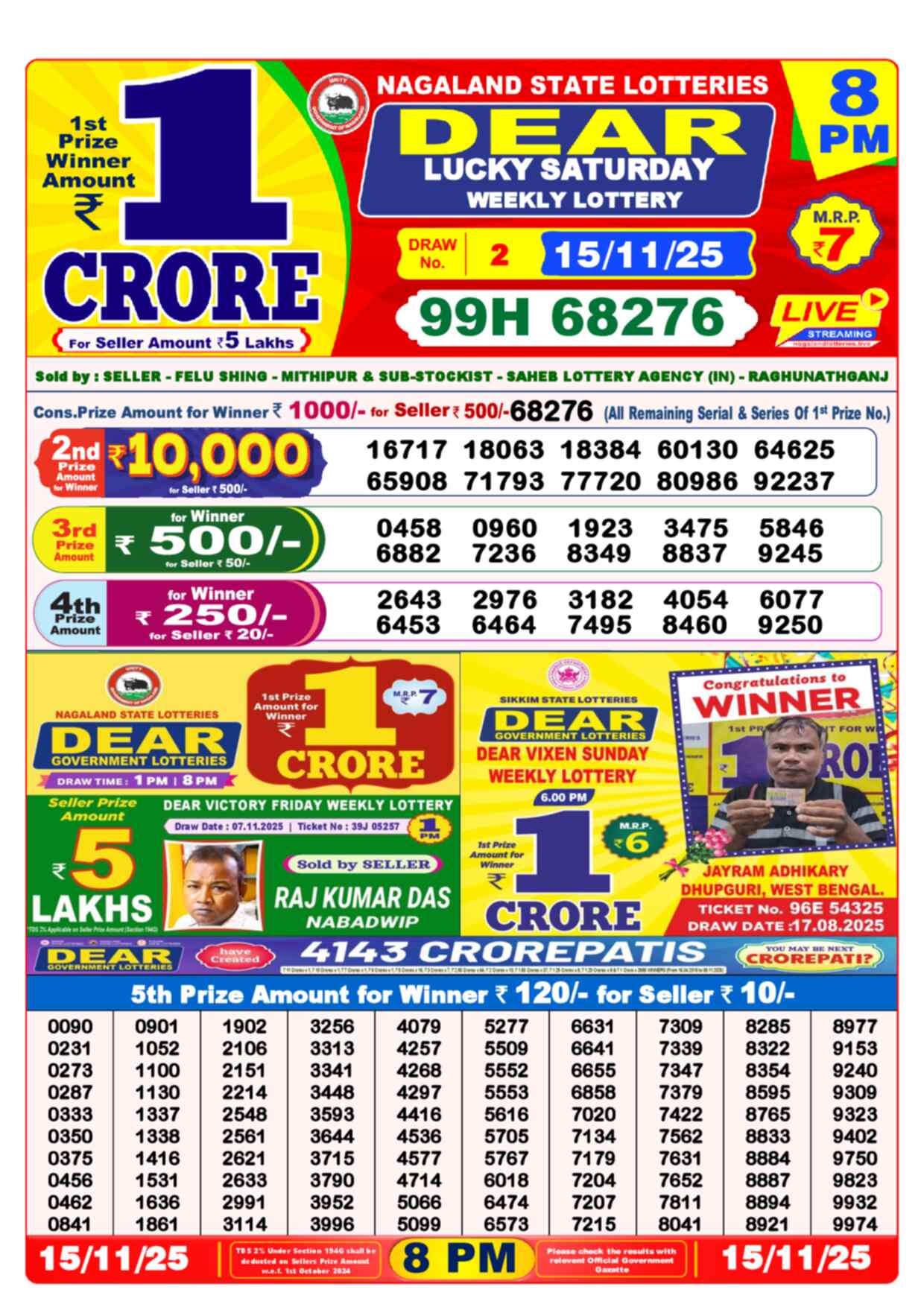 Nagaland State Lottery Result 8 PM 15.11.2025