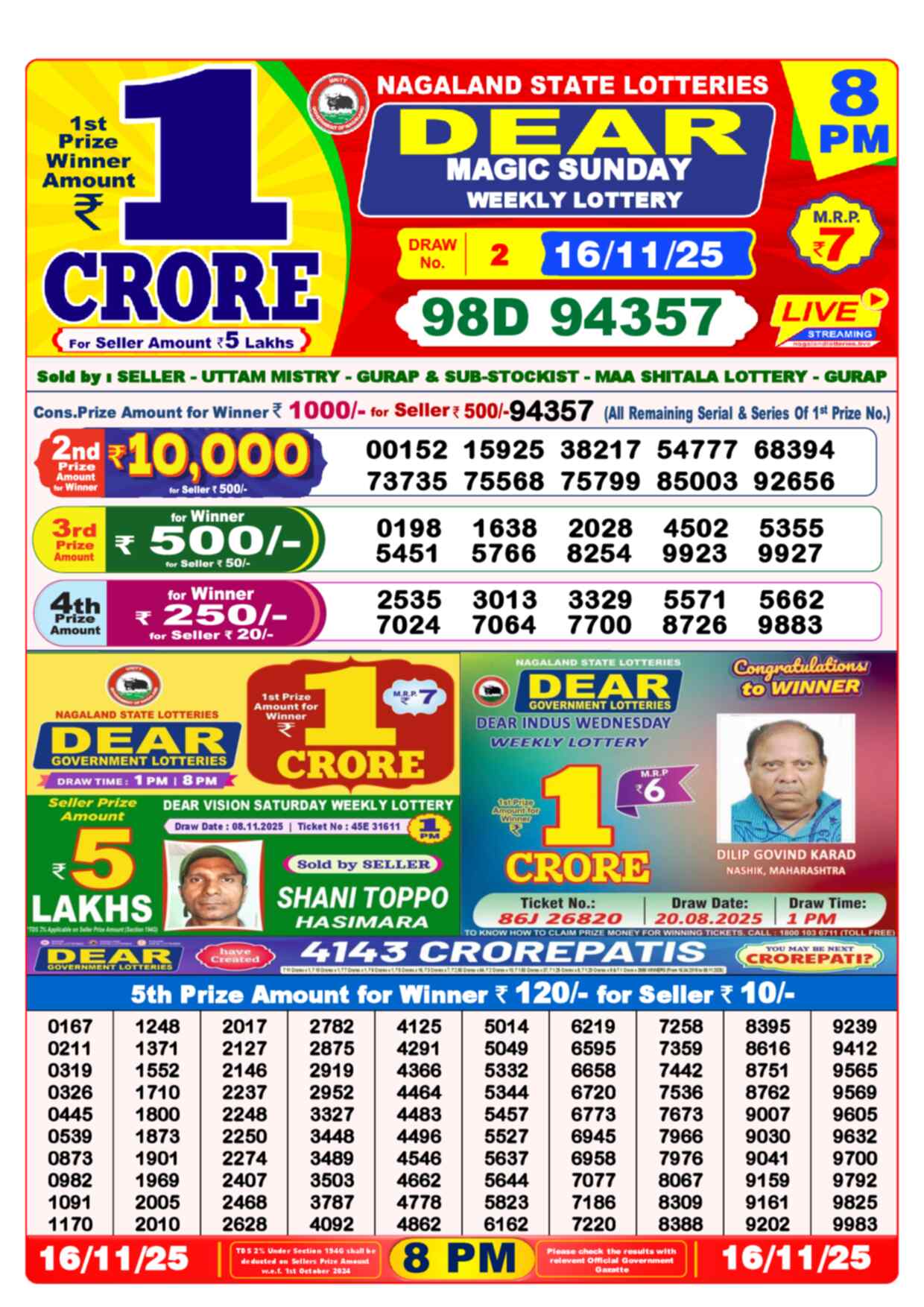 Nagaland State Lottery Result 8 PM 16.11.2025