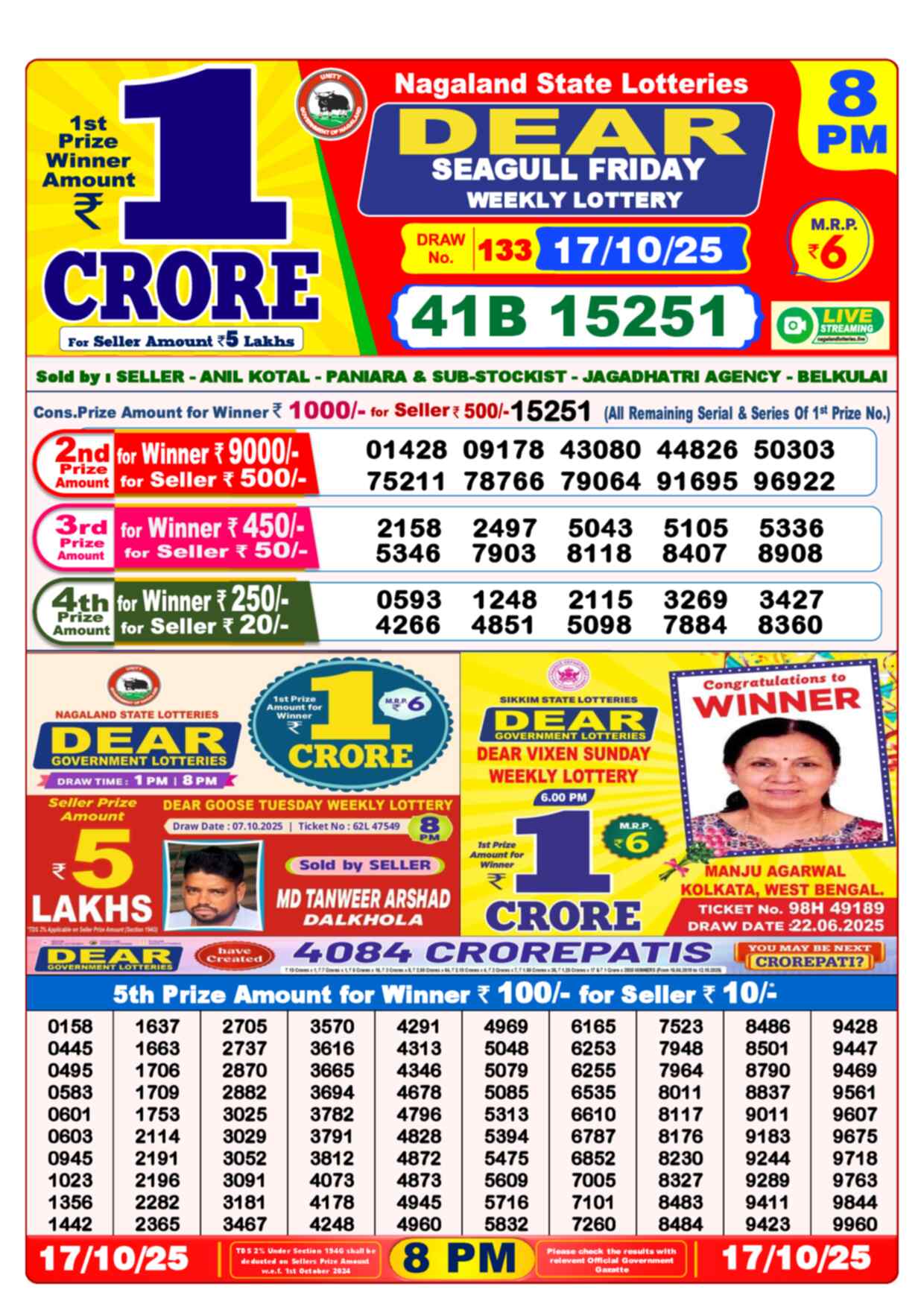 Nagaland State Lottery Result 8 PM 17.10.2025