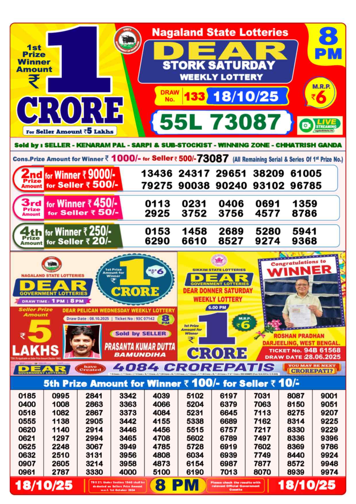 Nagaland State Lottery Result 8 PM 18.10.2025