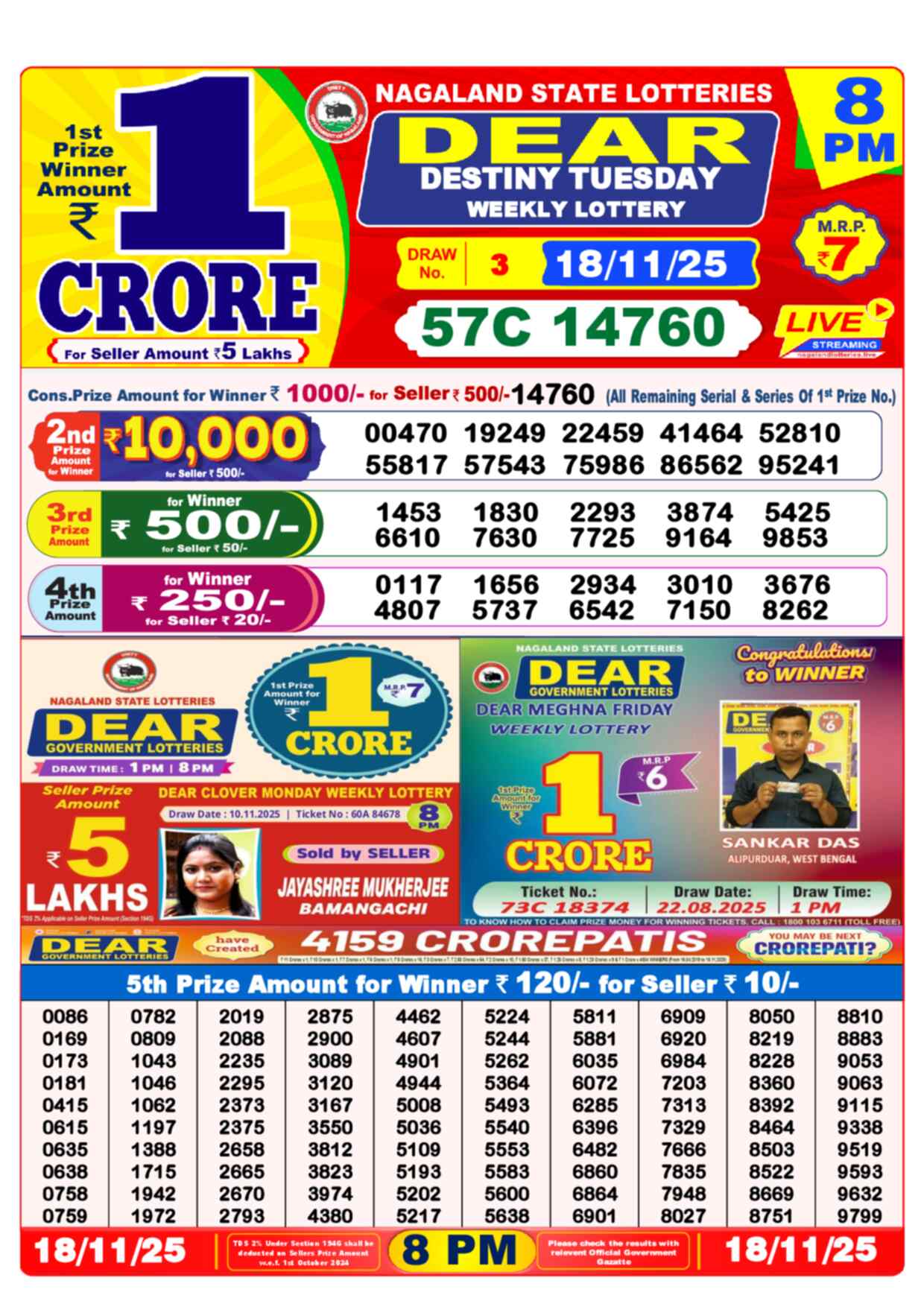 Nagaland State Lottery Result 8 PM 18.11.2025