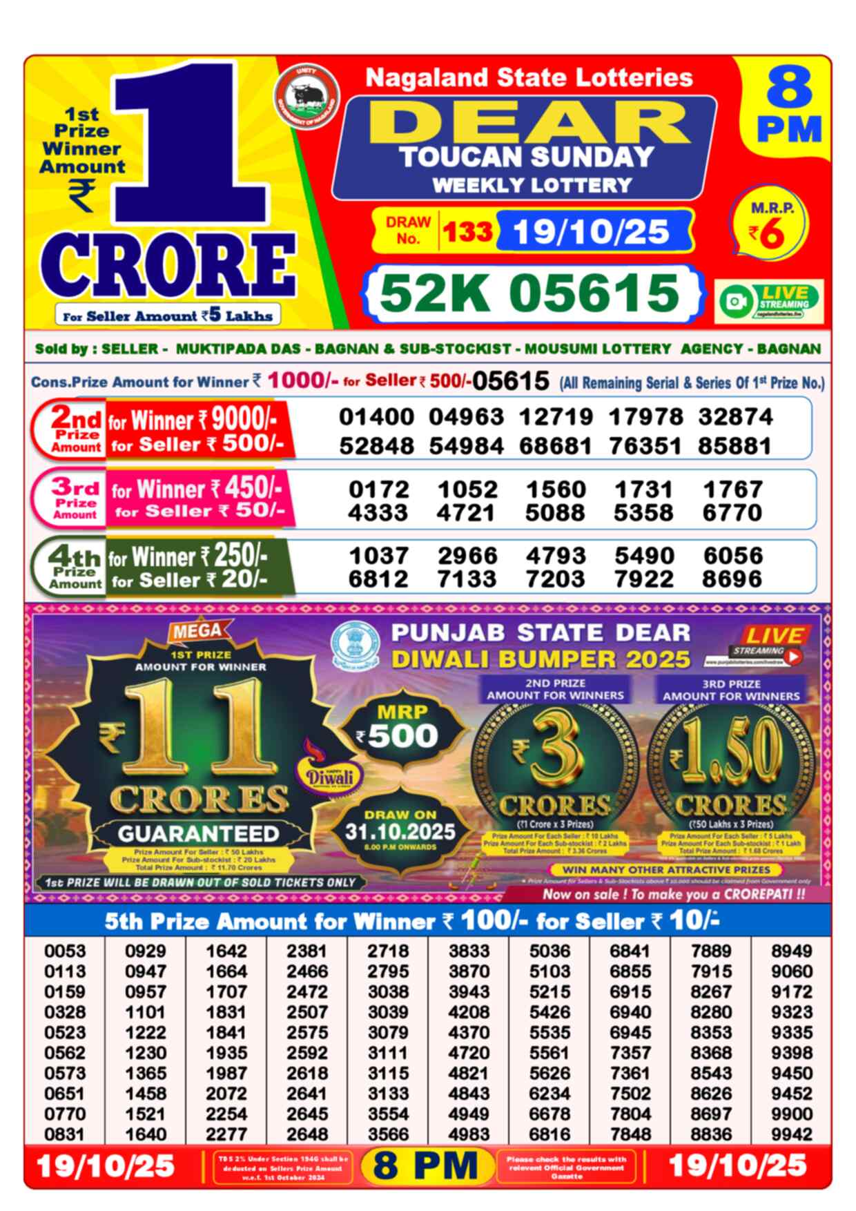 Nagaland State Lottery Result 8 PM 19.10.2025