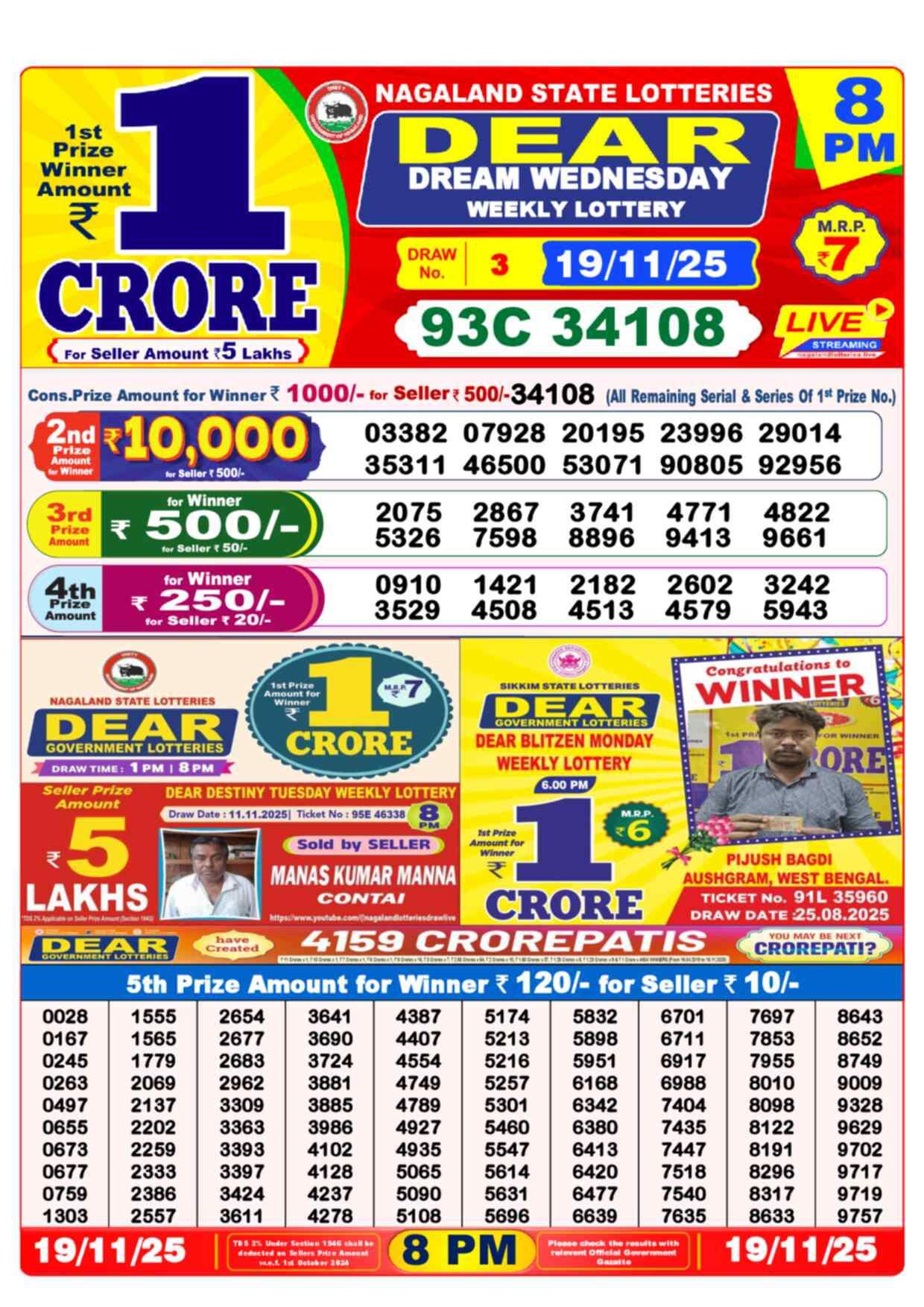 Nagaland State Lottery Result 8 PM 19.11.2025