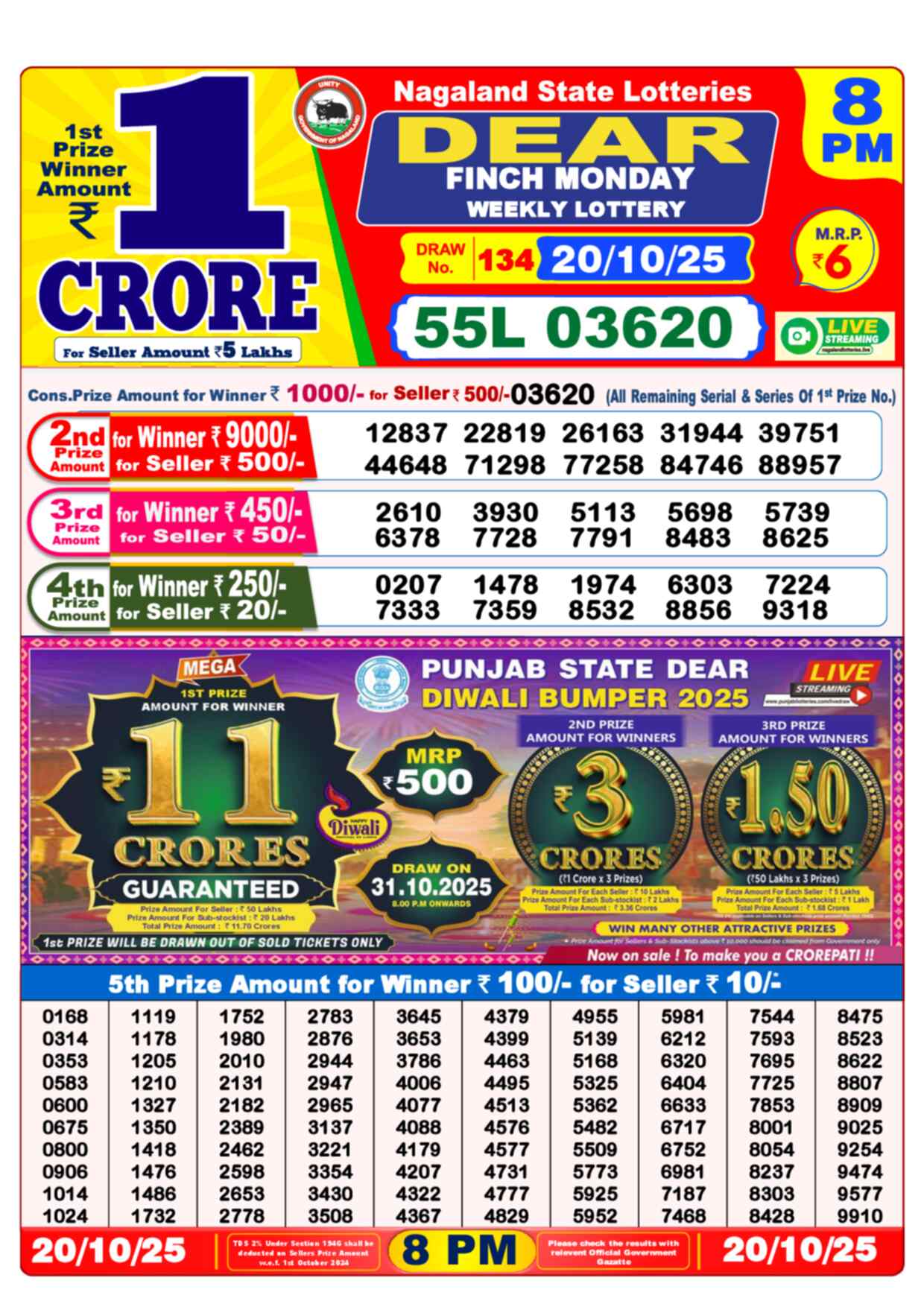 Dear Lottery 8 PM Result 20/10/25