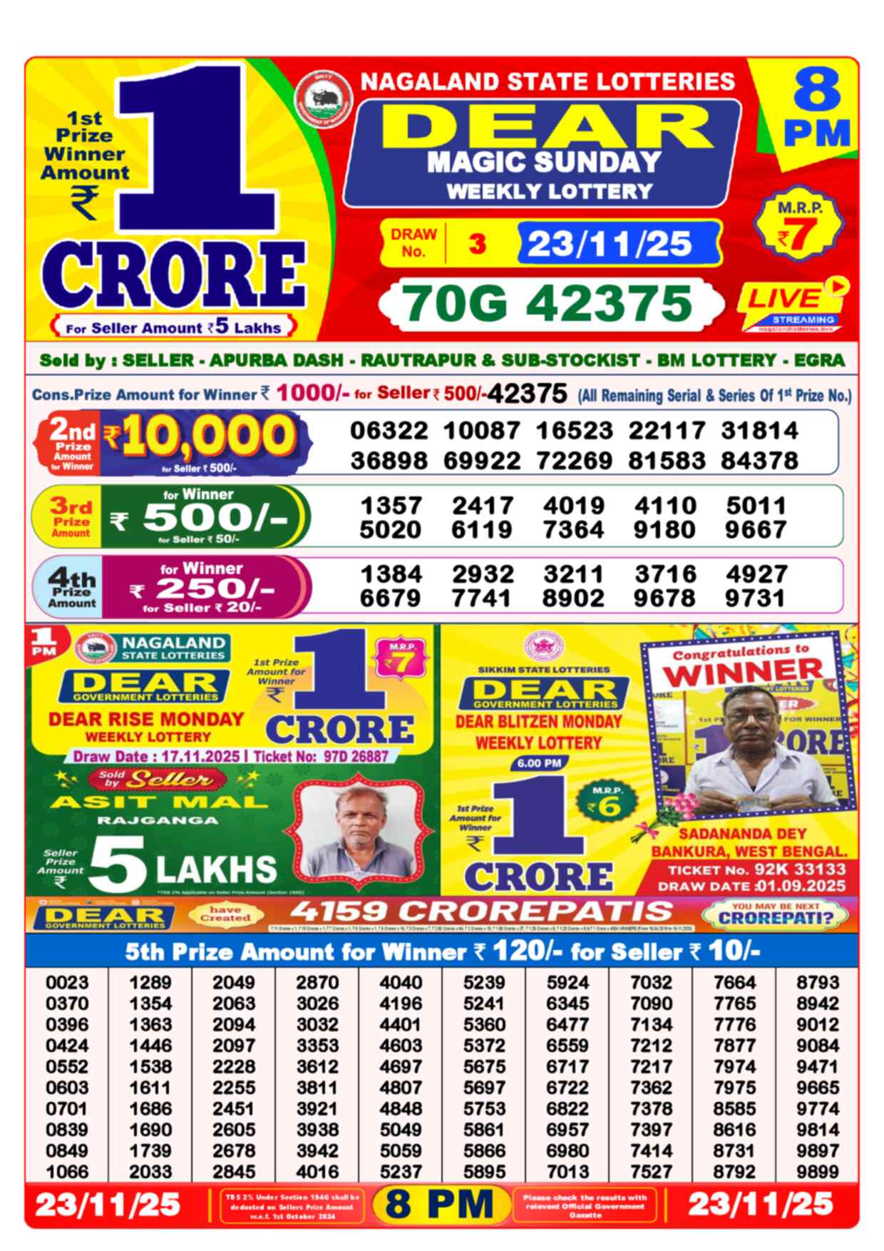 Nagaland State Lottery Result 8 PM 23.11.2025