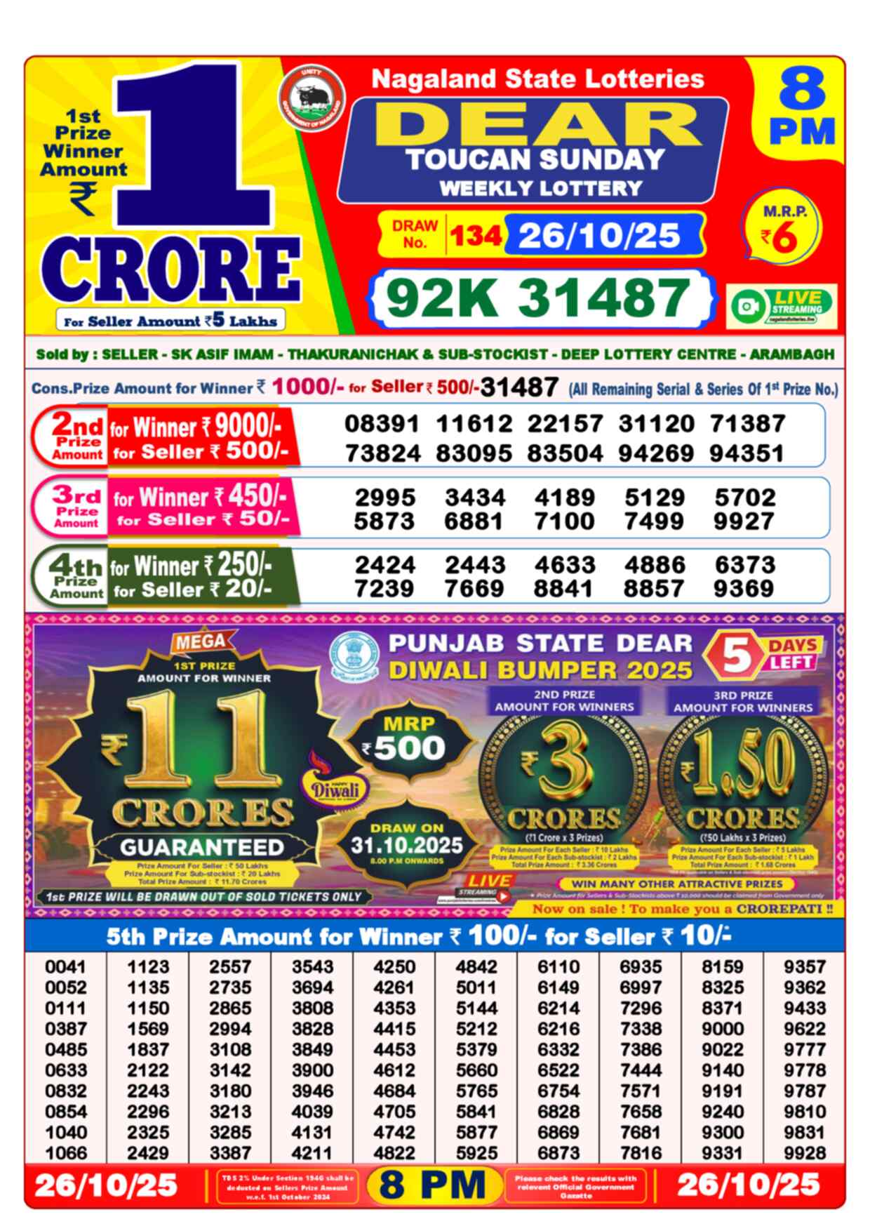 Nagaland State Lottery Result 8 PM 26.10.2025