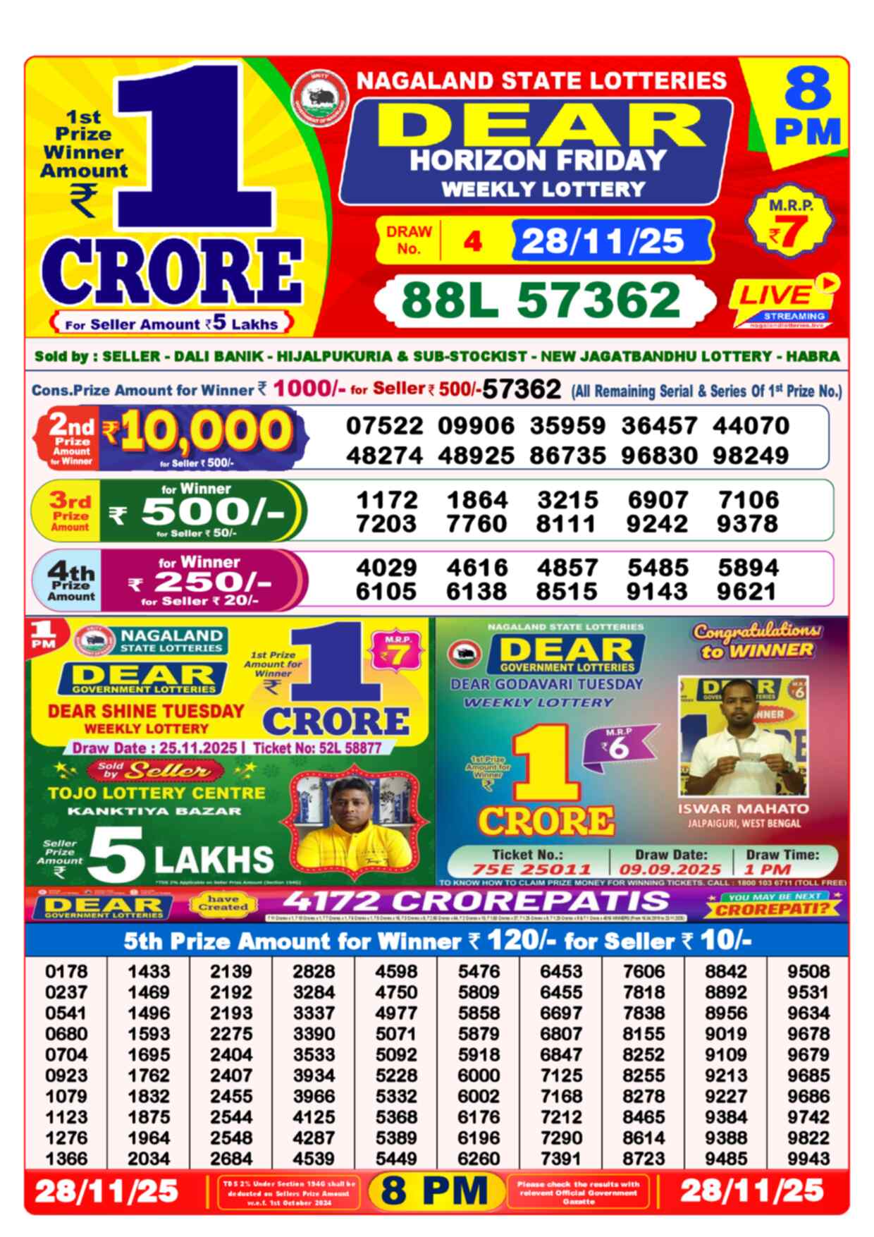 Nagaland State Lottery Result 8 PM 28.11.2025