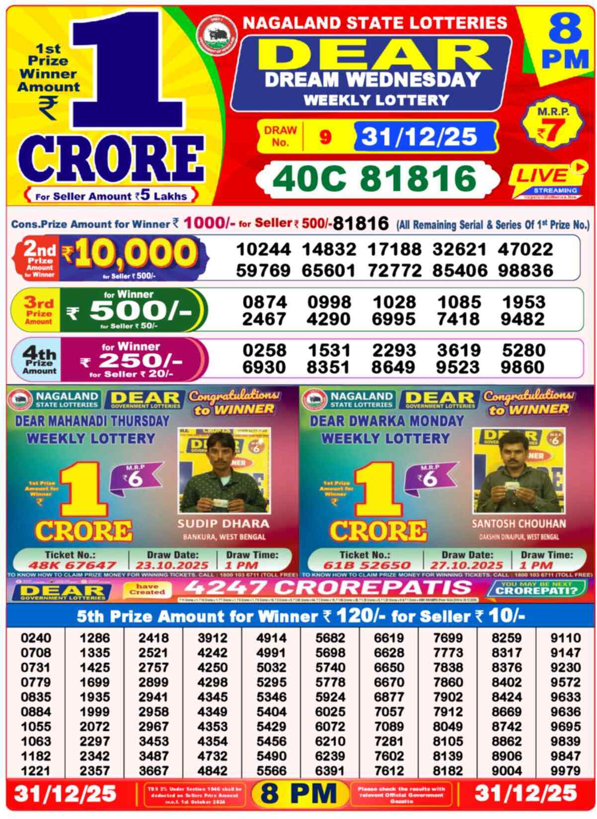 Nagaland State Lottery Result 8 PM 31.12.2025