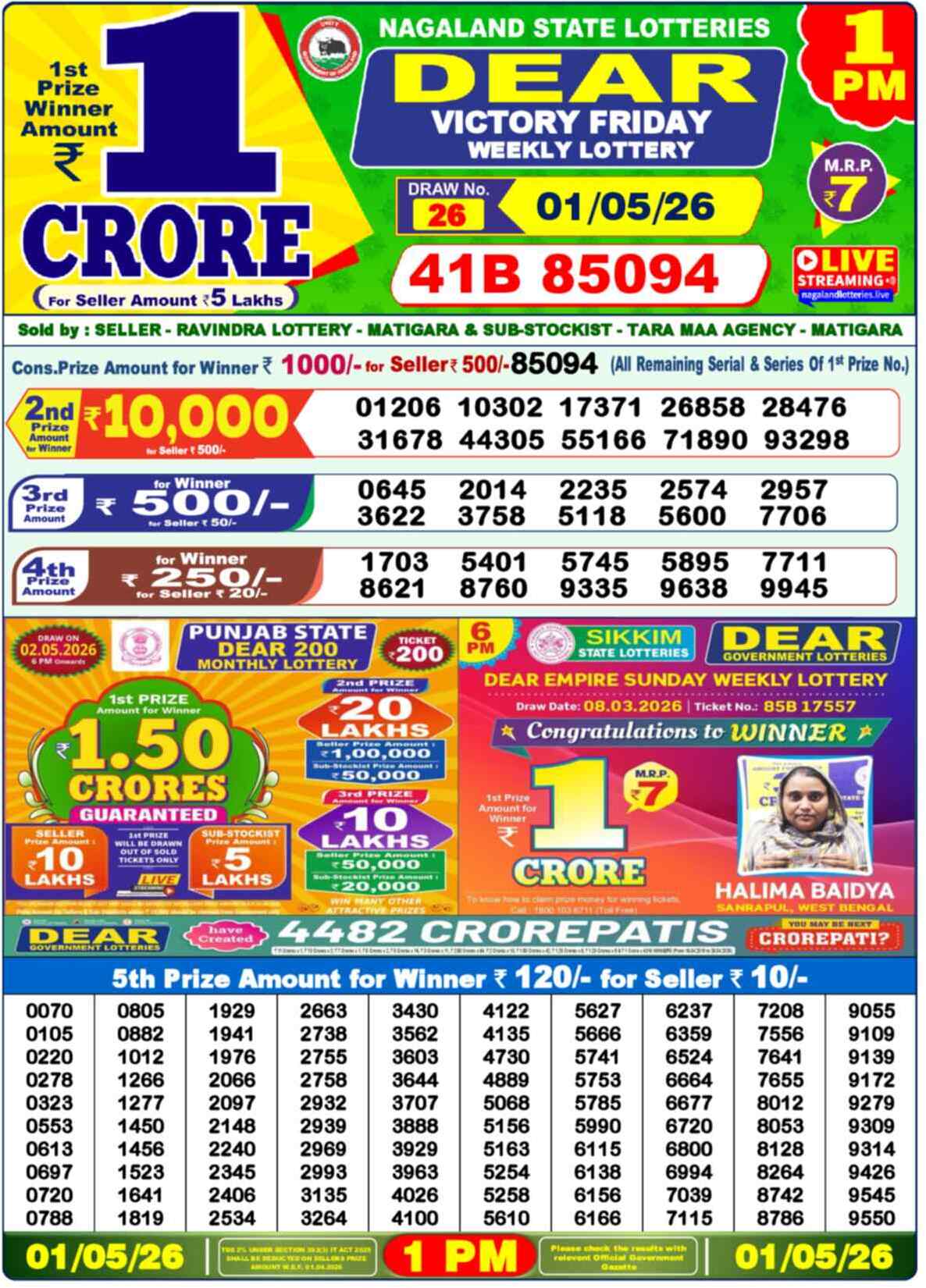 Dear Lottery 1 PM Result 01/05/26