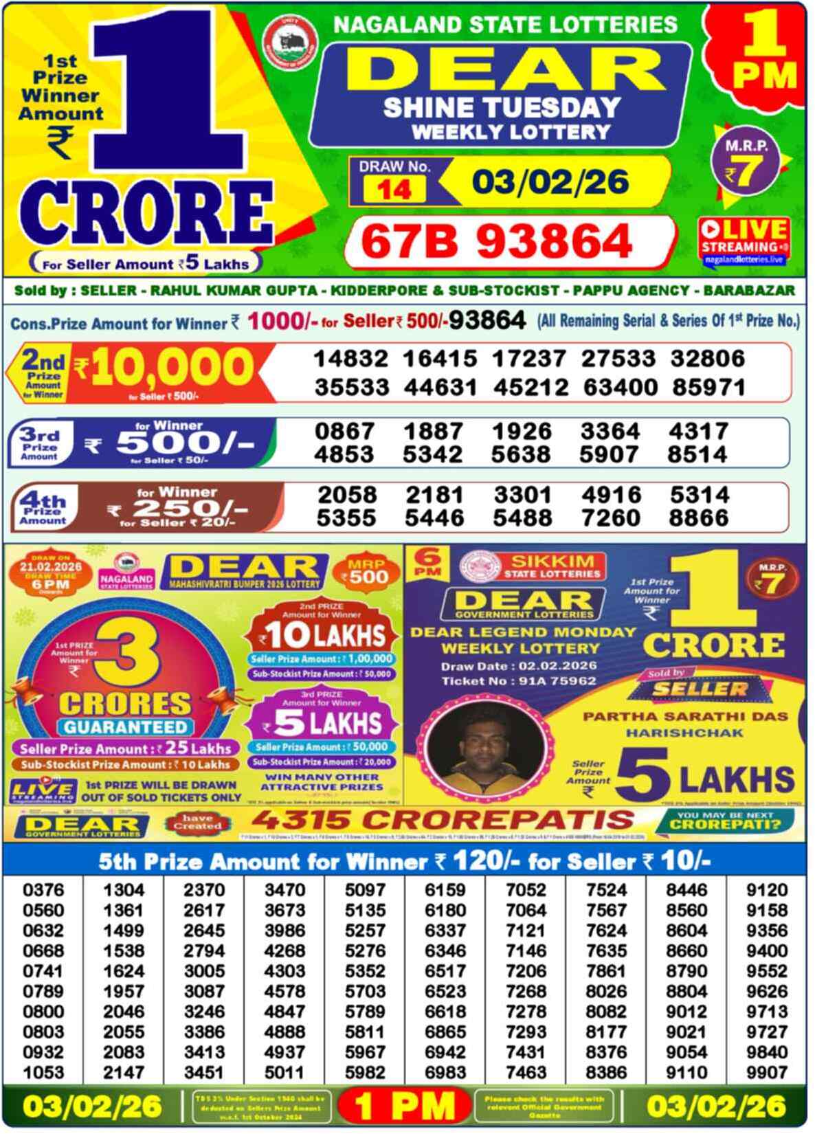 Dear Lottery 1 PM Result 03/02/26