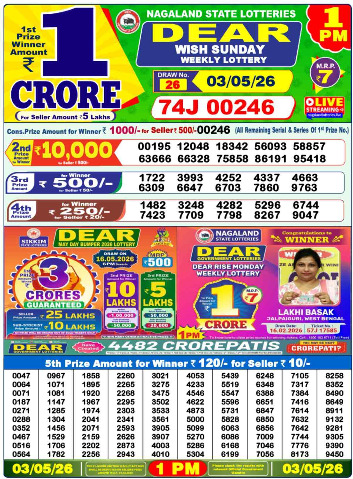 Dear Lottery 1 PM Result 03/05/26
