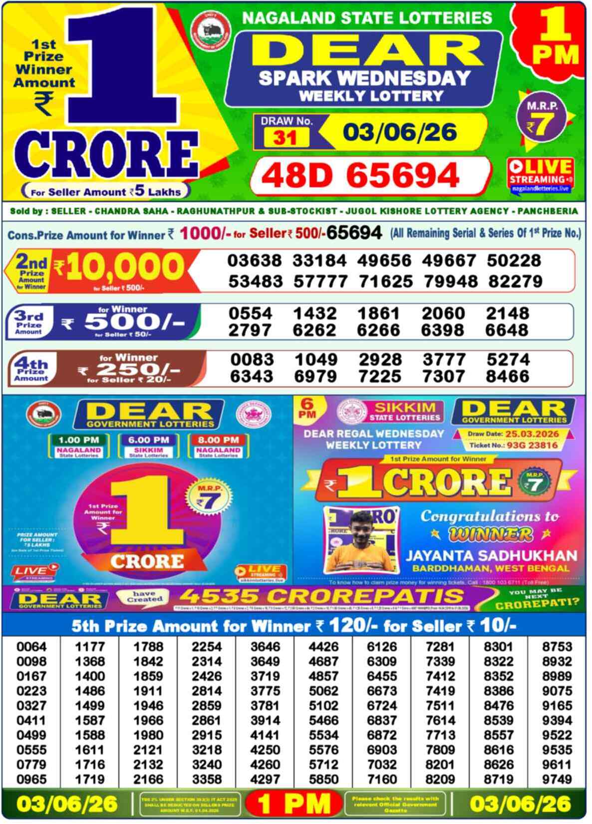 Dear Lottery 1 PM Result 03/06/26