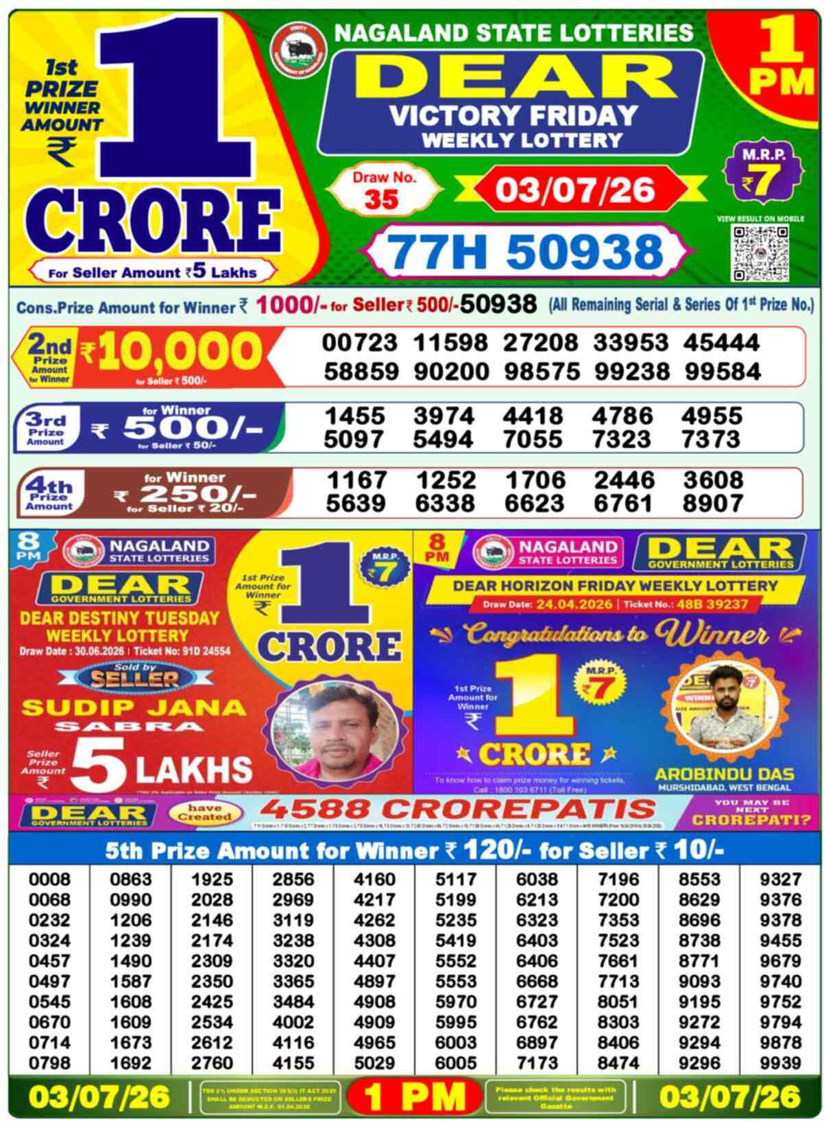 Dear Lottery 1 PM Result 03/07/26