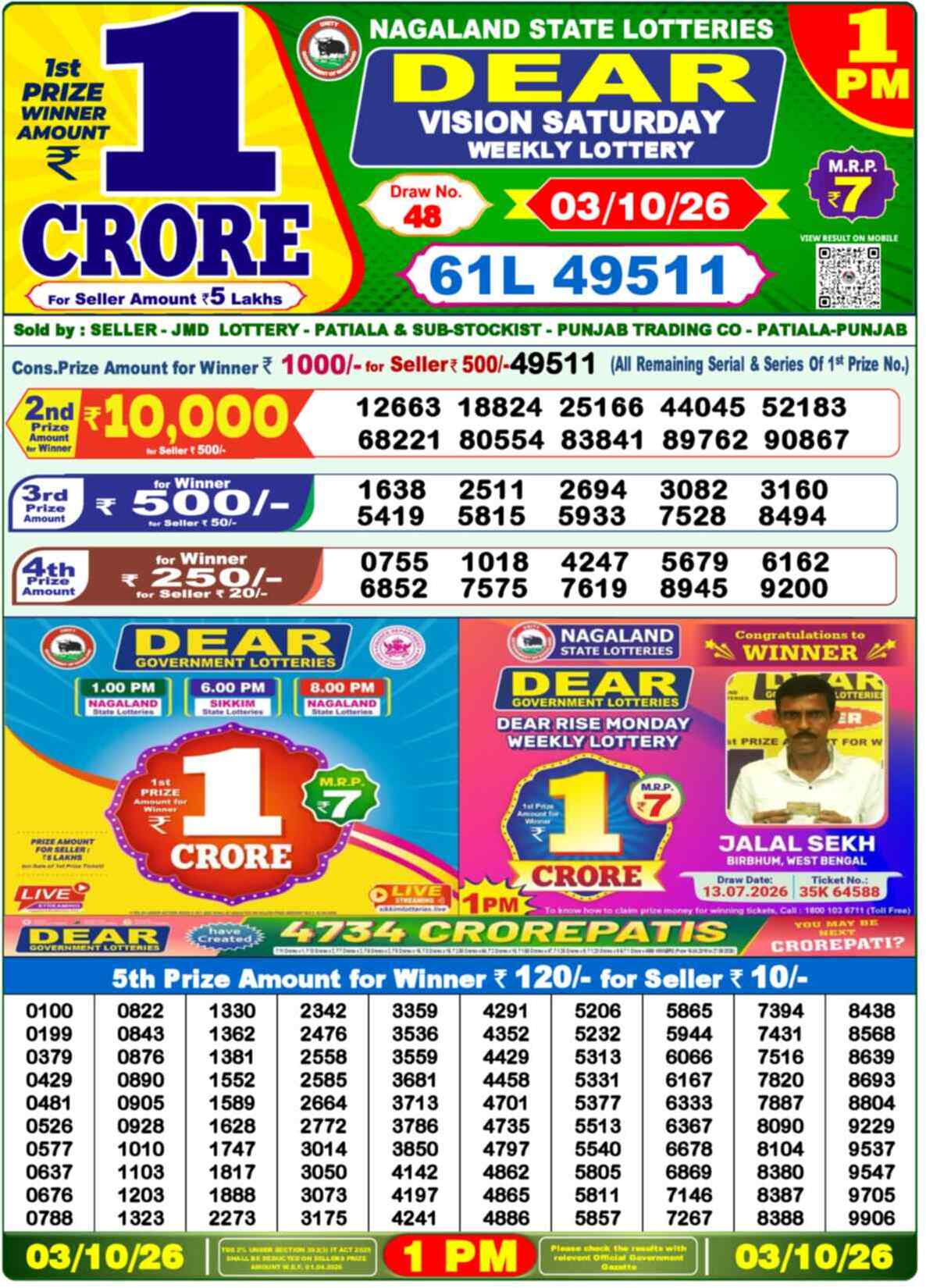Nagaland Lottery 1 PM 03.10.2026