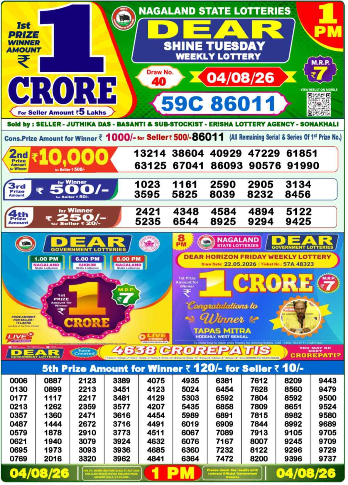Nagaland State Lottery 1 PM Result 04-08-2026