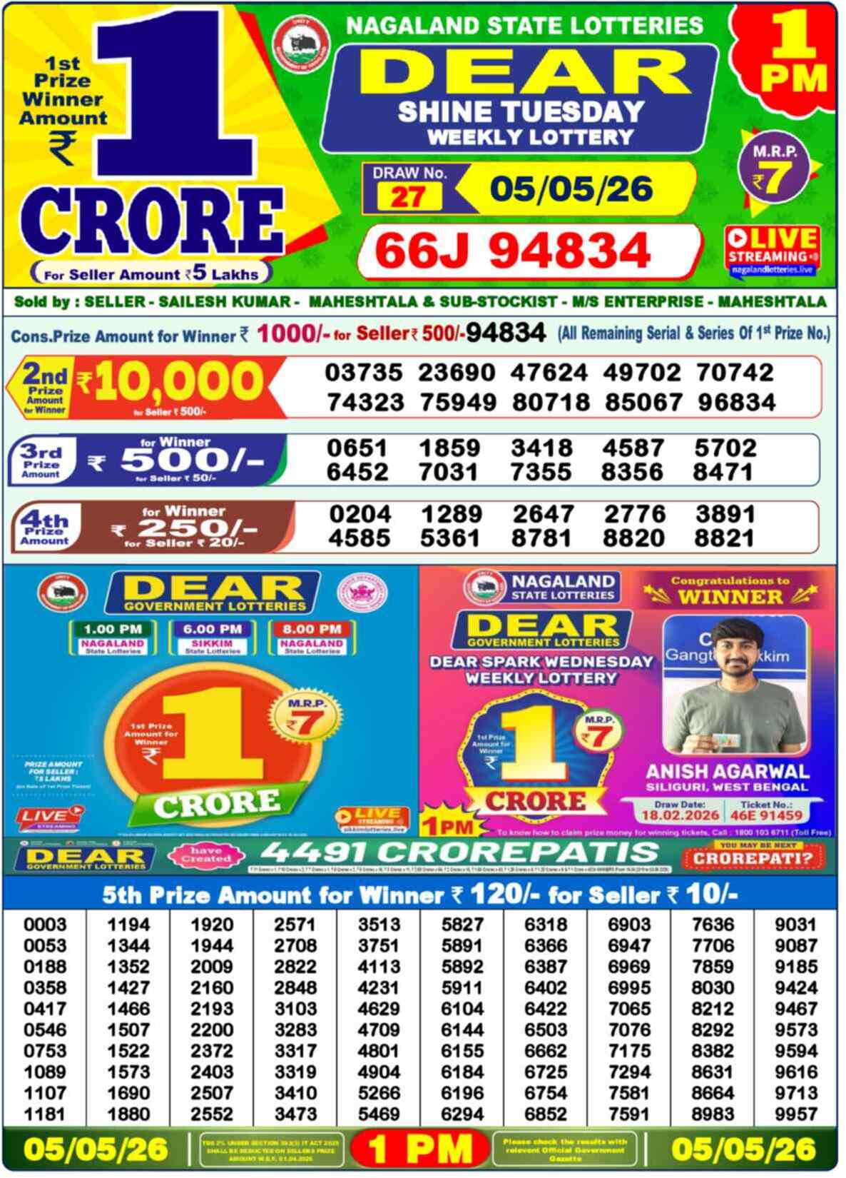 Dear Lottery 1 PM Result 05/05/26