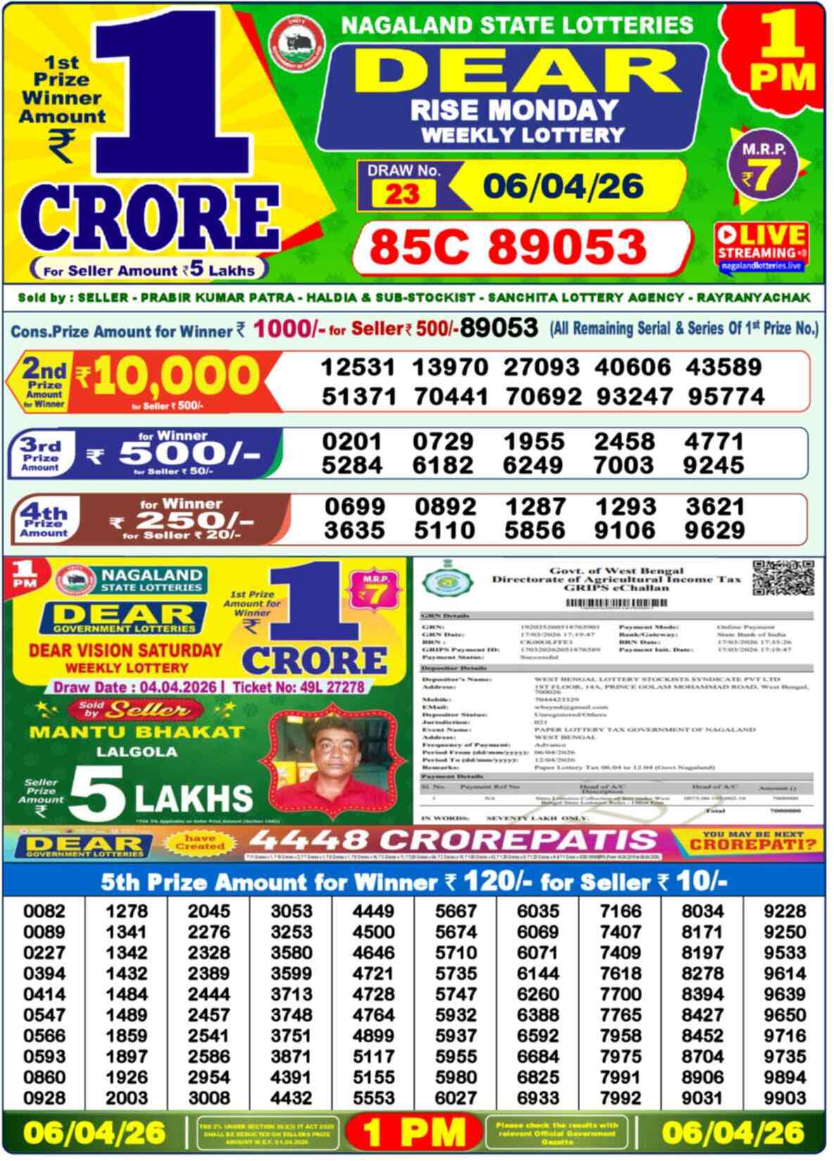 Dear Lottery 1 PM Result 06/04/26