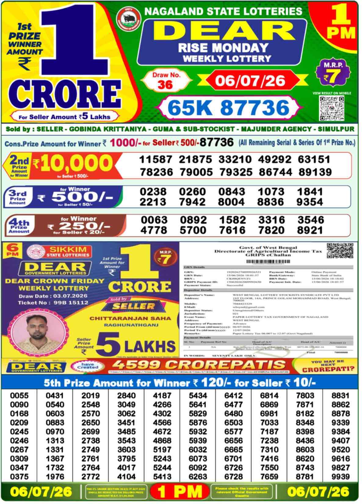 Dear Lottery 1 PM Result 06/07/26