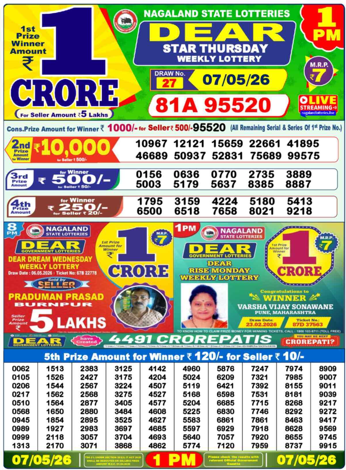 Dear Lottery 1 PM Result 07/05/26