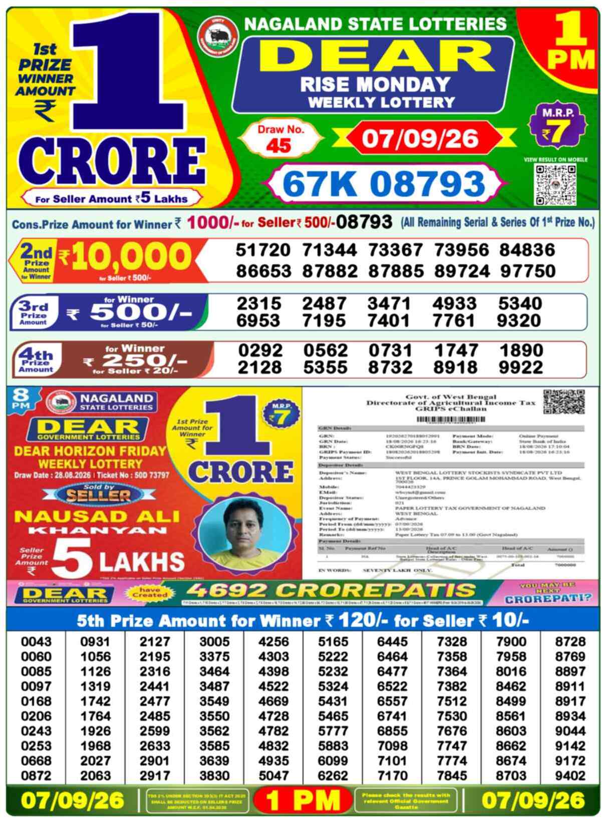 Nagaland State Lottery 1 PM Result 07-09-2026