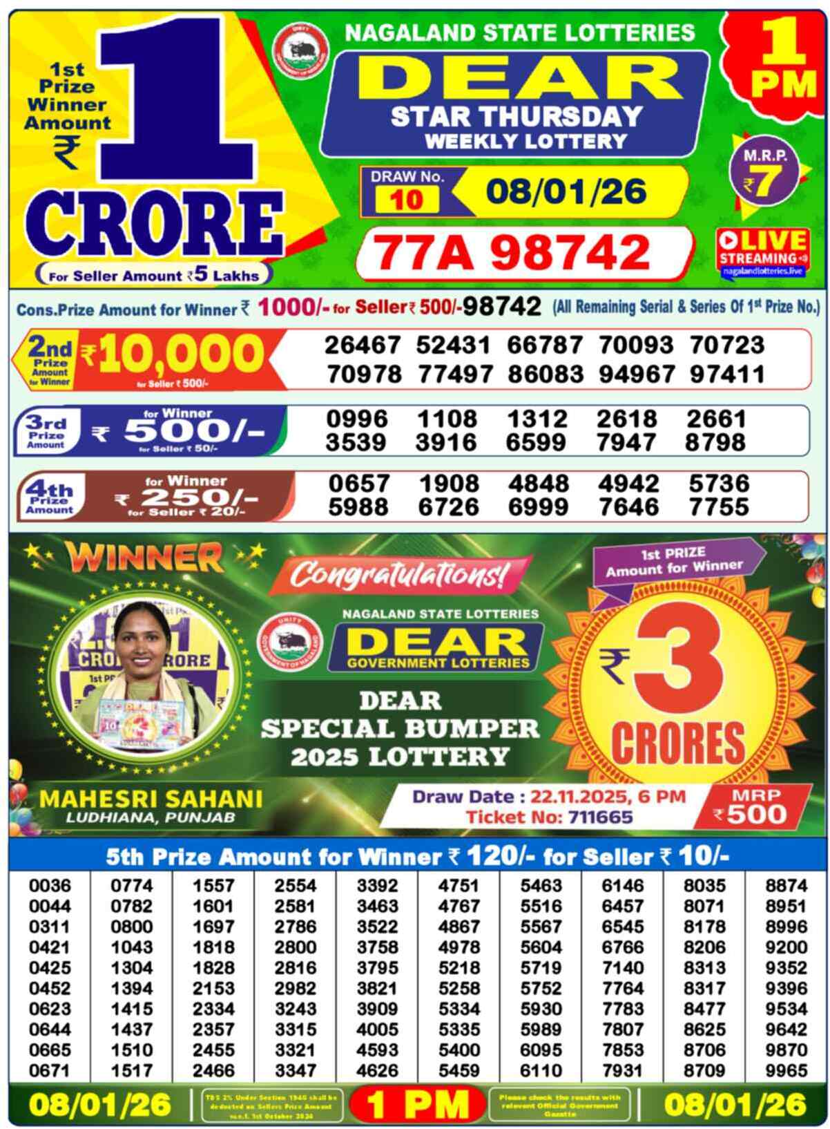 Nagaland Lottery 1 PM 08.01.2026