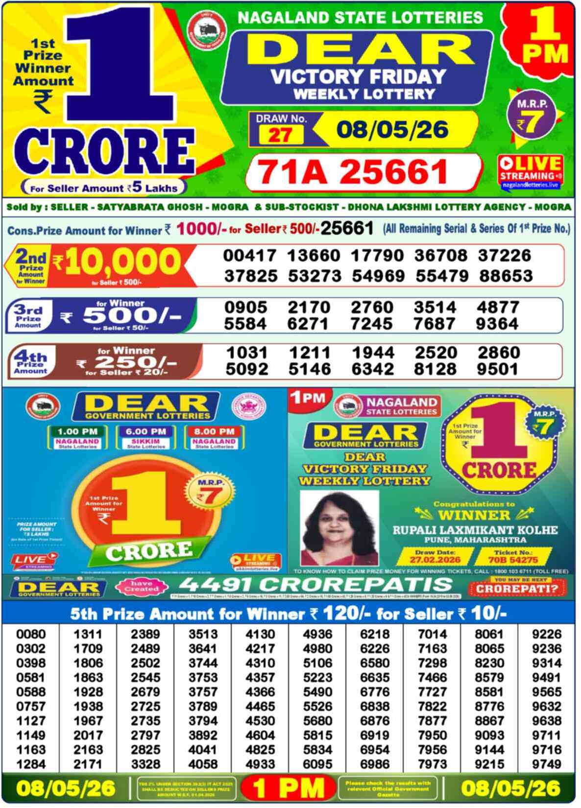 Dear Lottery 1 PM Result 08/05/26