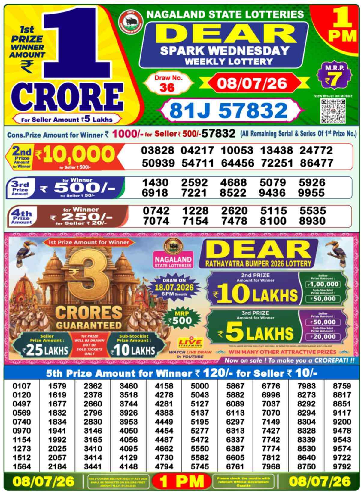 Dear Lottery 1 PM Result 08/07/26