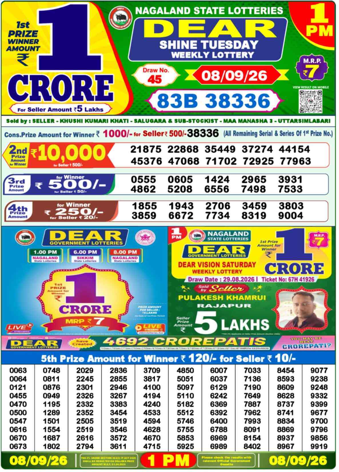 Nagaland State Lottery 1 PM Result 08-09-2026