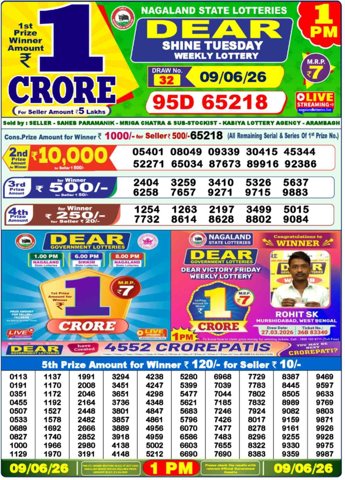 Dear Lottery 1 PM Result 09/06/26